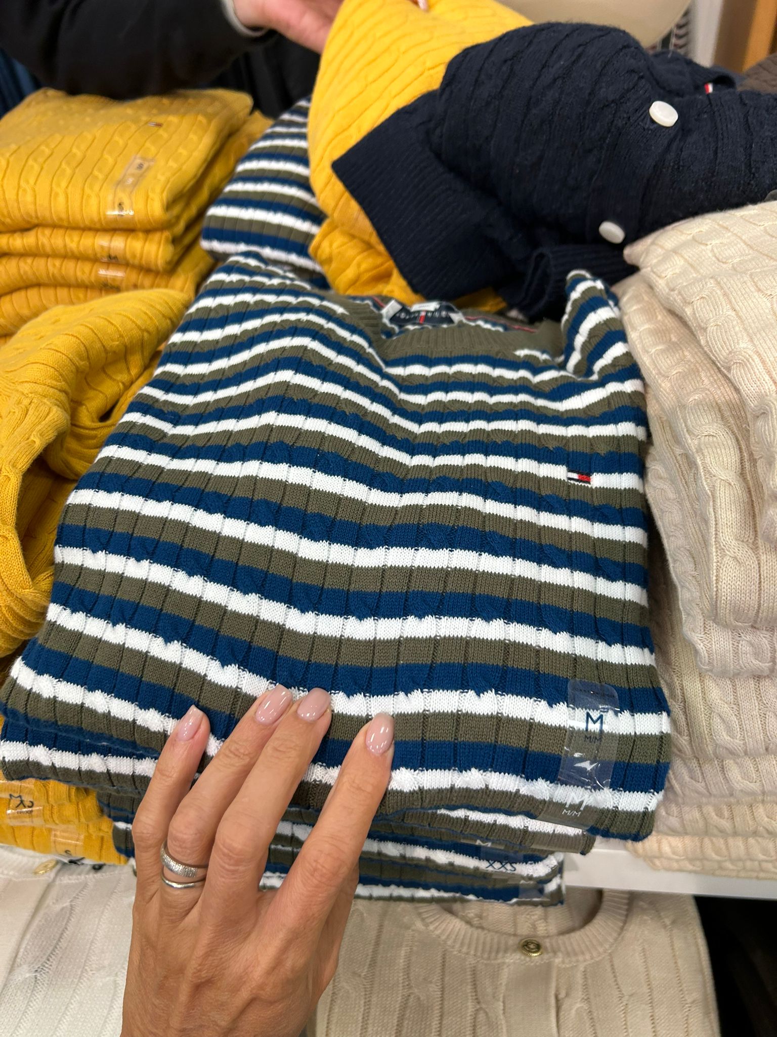 TOMMY WOMENS' Stripe Cable Knit Sweater Utility Olive