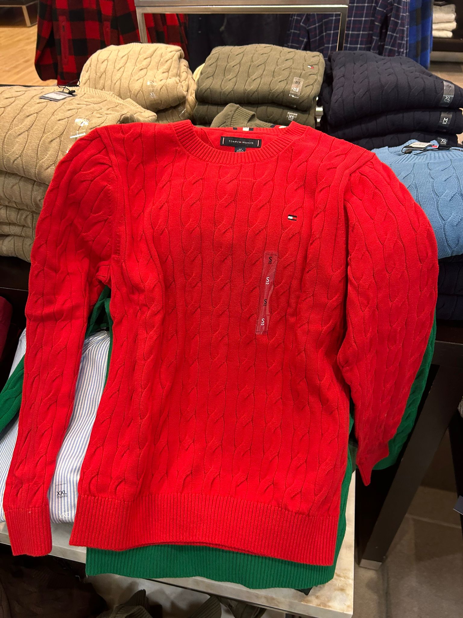 Tommy Hilfiger MENS' Cable Knit Crewneck Sweater Primary Red