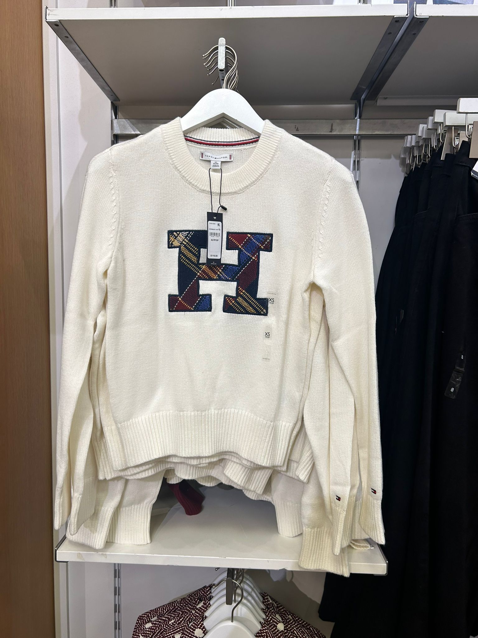 Womens' TOMMY Plaid Monogram Crewneck Sweater Ivory