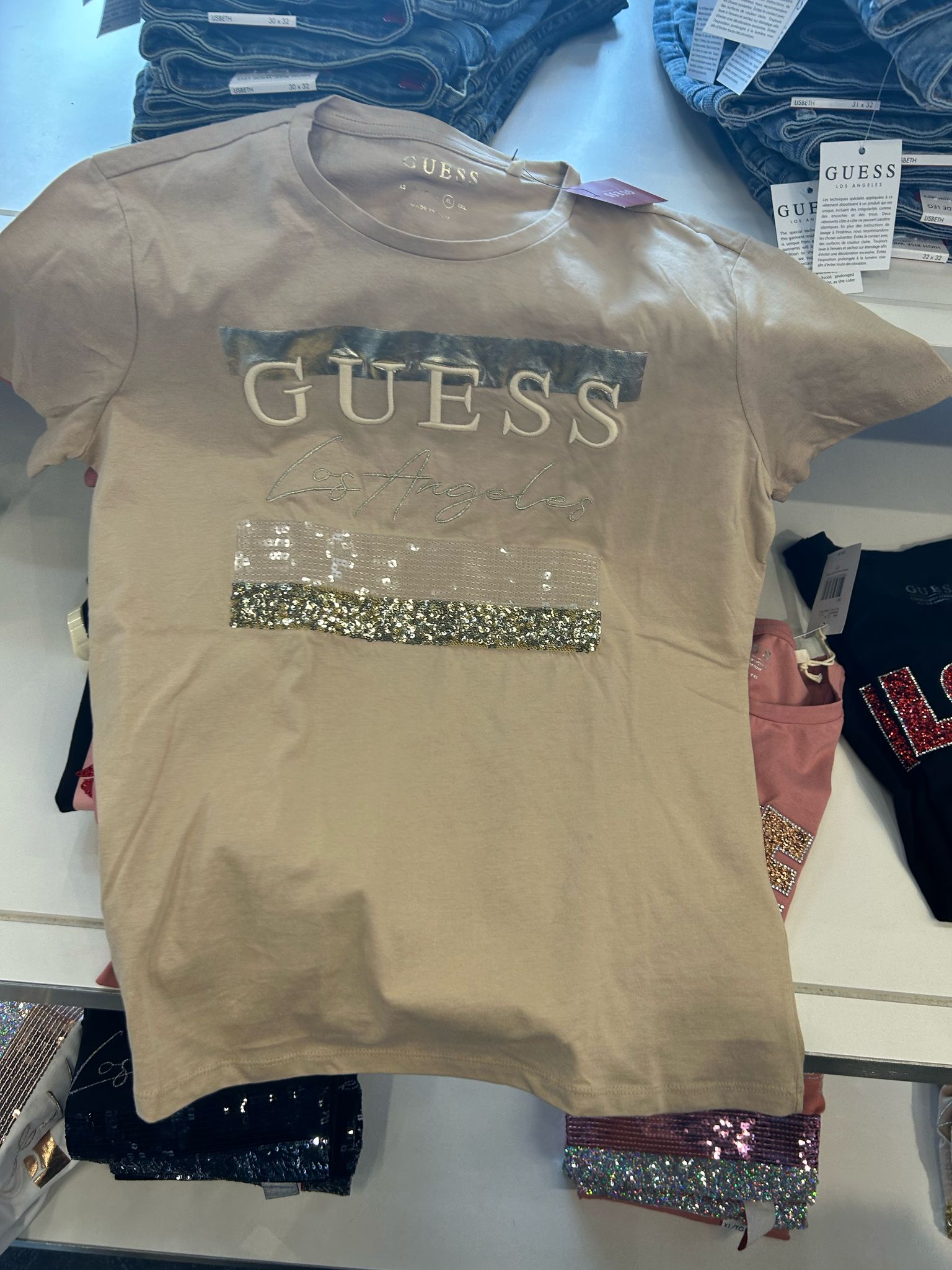 WOMEN GUESS Lerny Logo Tee Beige