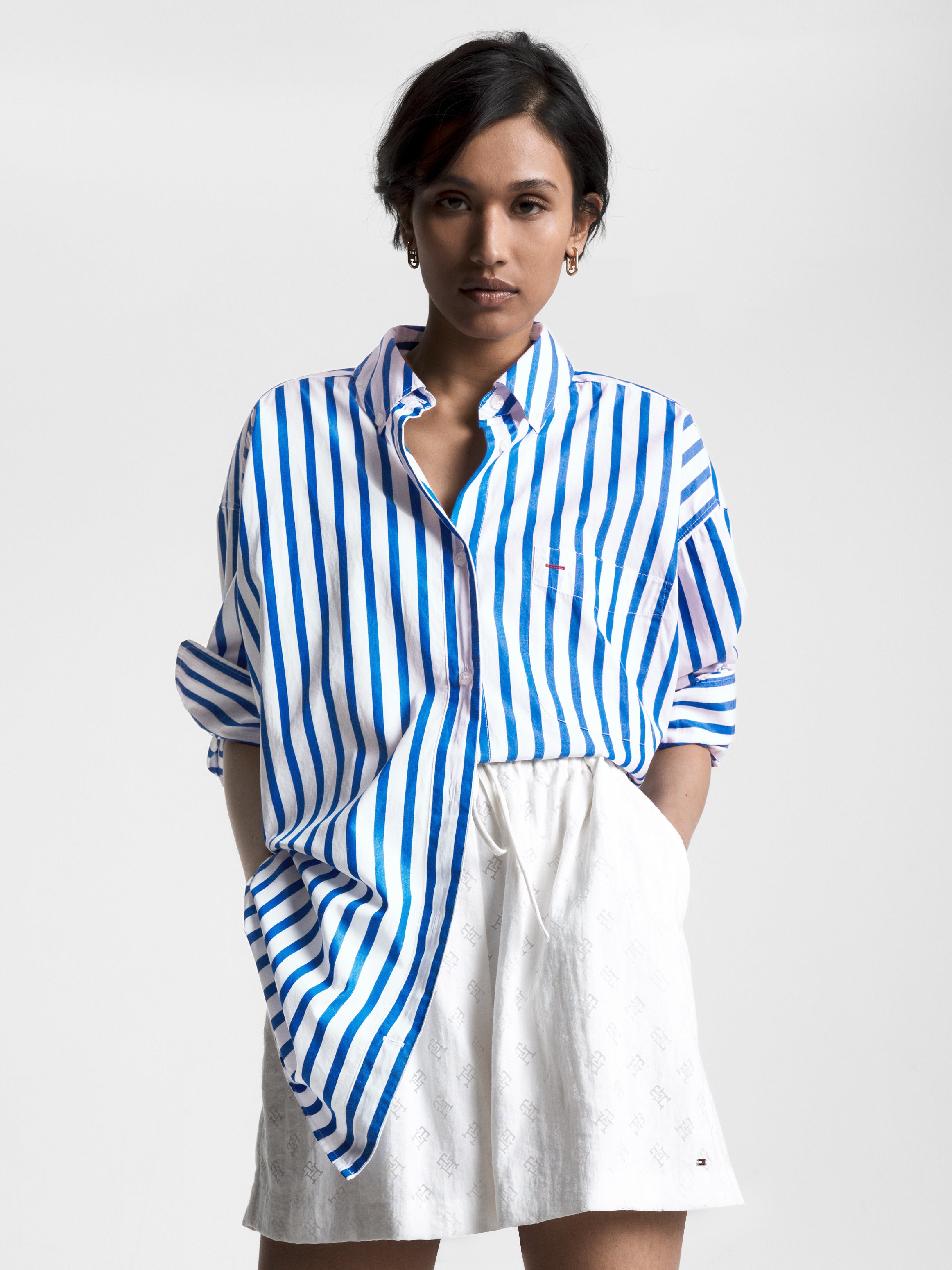 WOMENS' Tommy Hilfiger Oversized Stripe Poplin Shirt -Banker Stp Ultra Blue