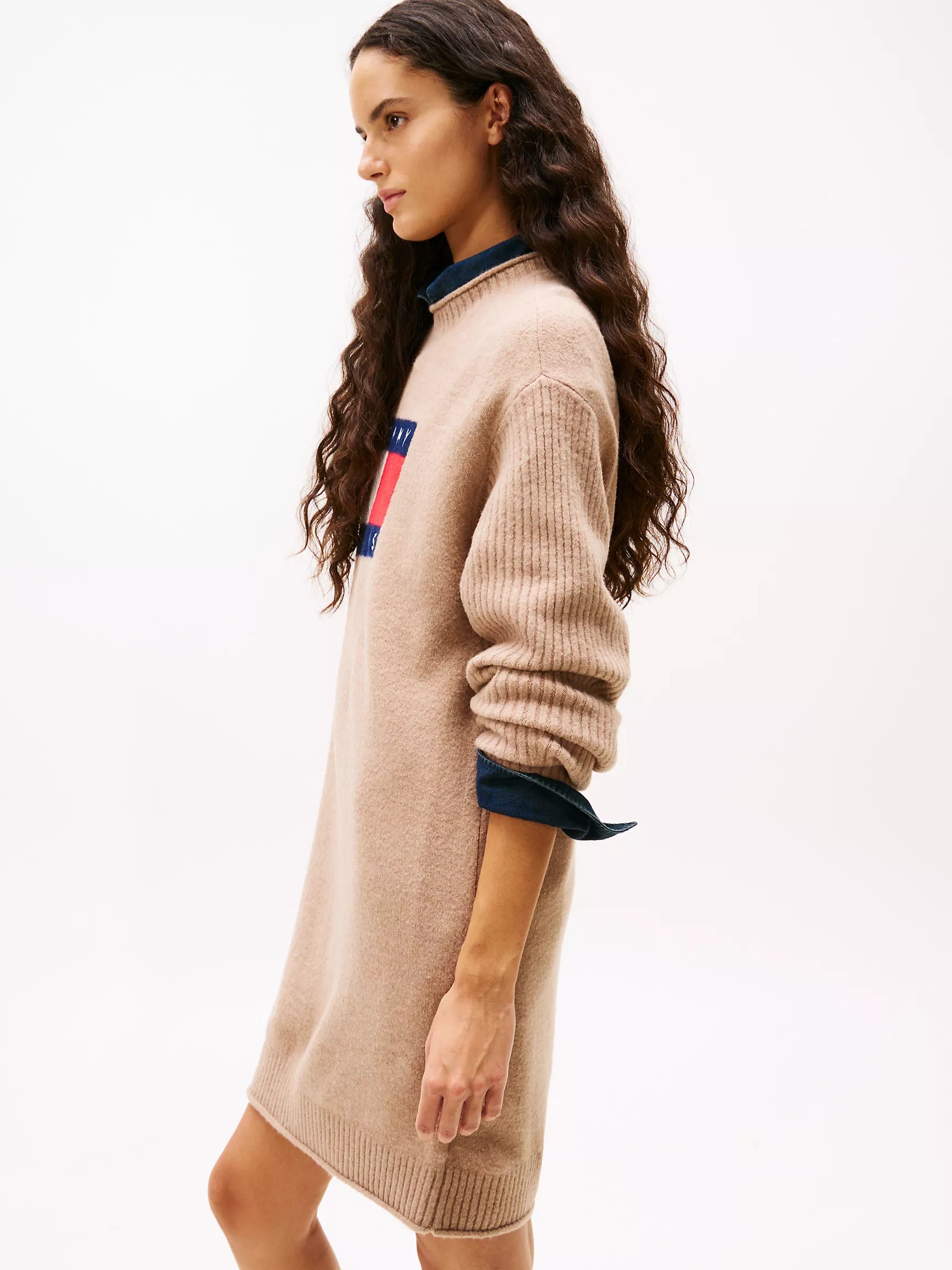 WOMENS' Tommy Jeans Flag Logo Sweater Dress Malted Milk