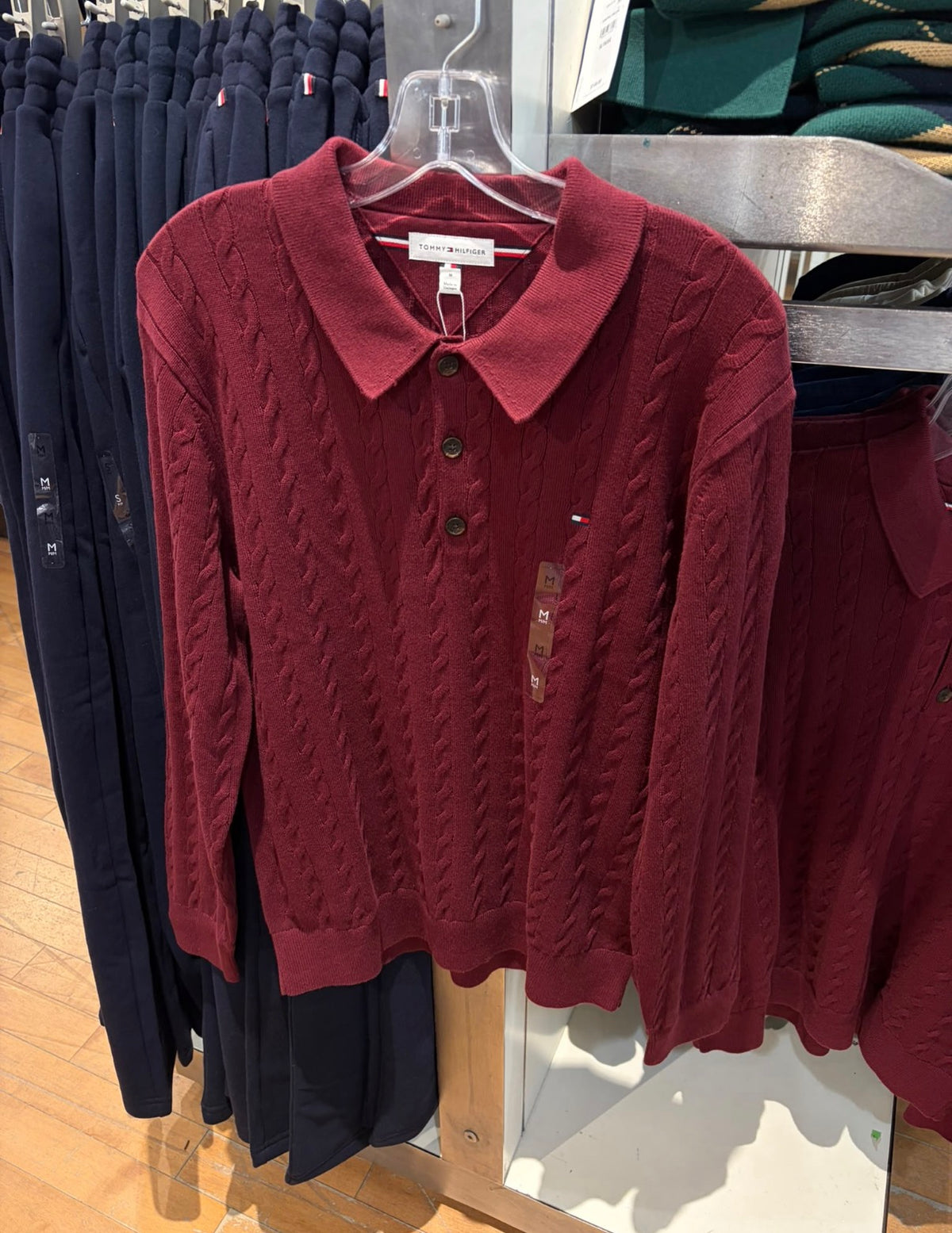 Tommy Long-Sleeve Cable Knit Sweater Polo-Burgundy