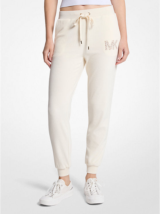 Michael Kors Womens' Embellished Logo Velour Joggers BONE