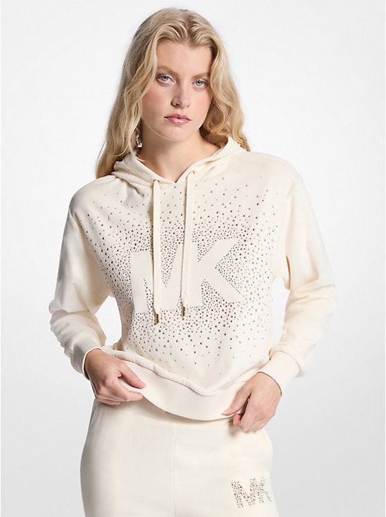 Michael Kors Womens' Embellished Logo Velour Hoodie BONE