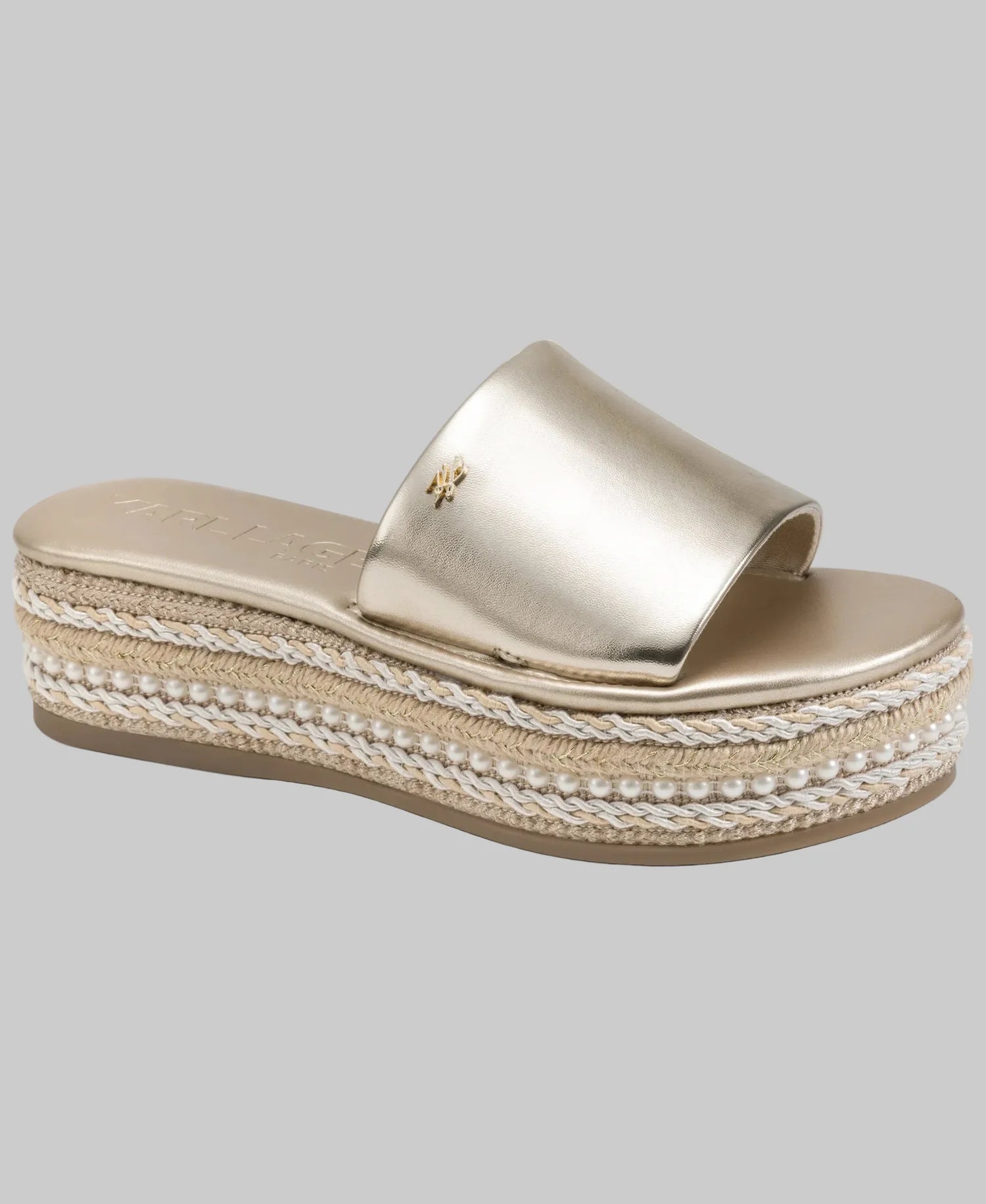 KARL LAGERFELD WOMEN'S KESWICK METALLIC PLATFORM ESPADRILLE SLIDE SANDAL-White Gold