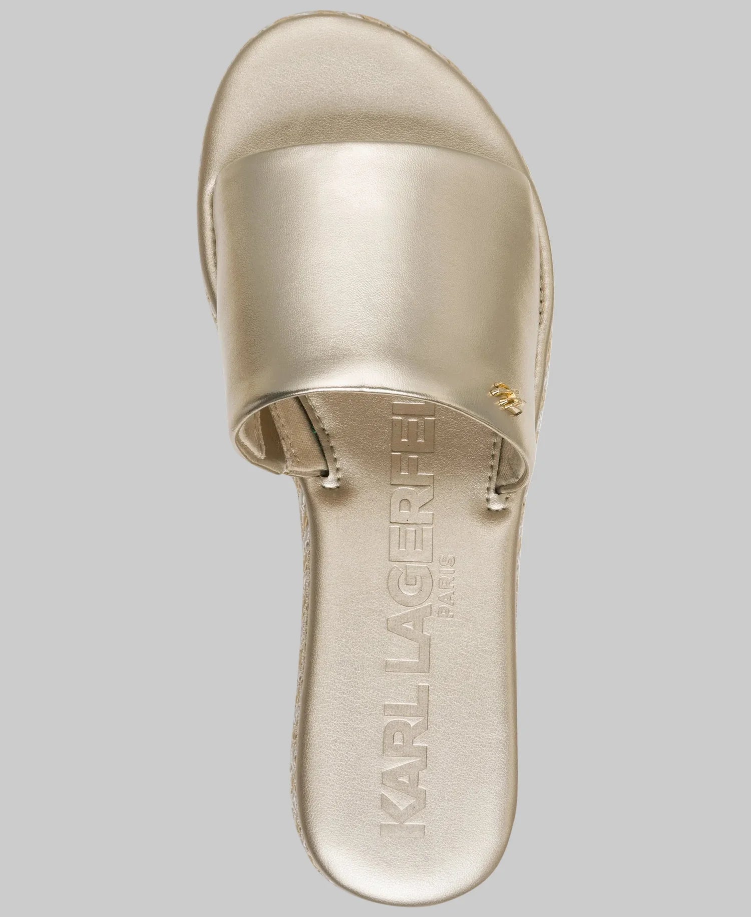 KARL LAGERFELD WOMEN'S KESWICK METALLIC PLATFORM ESPADRILLE SLIDE SANDAL-White Gold