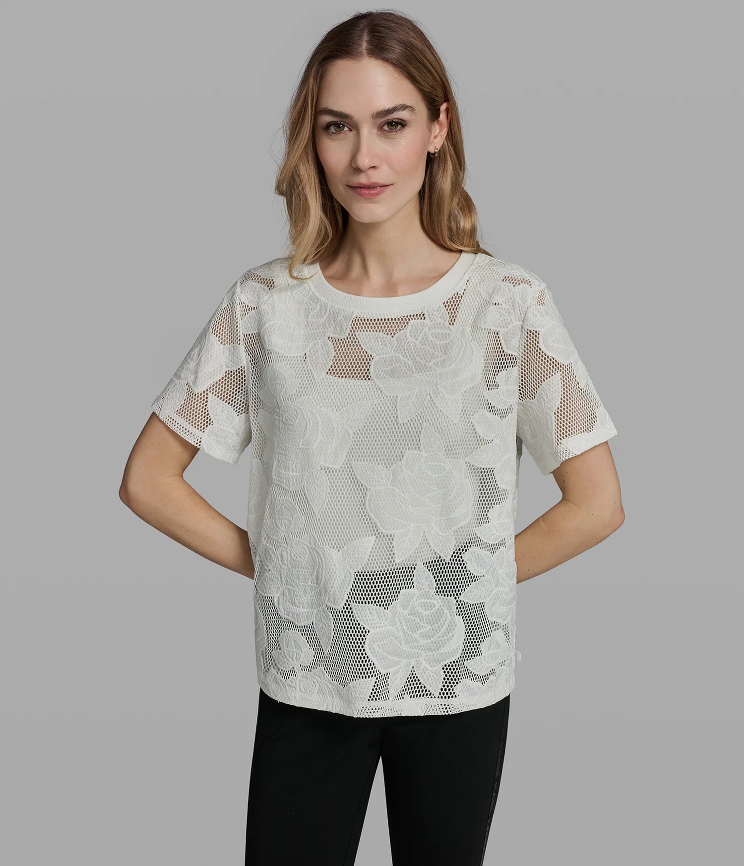 KARL LAGERFELD WOMEN'S FLORAL MESH TOP-White