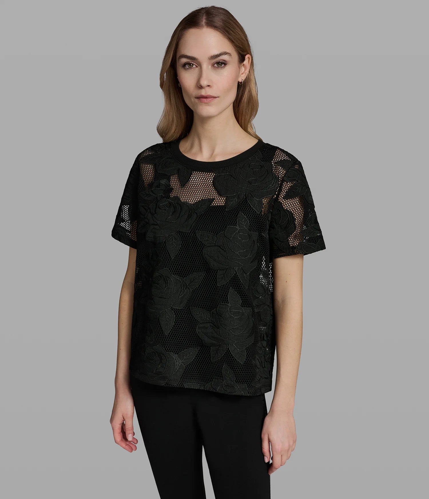 KARL LAGERFELD WOMEN'S FLORAL MESH TOP-Black