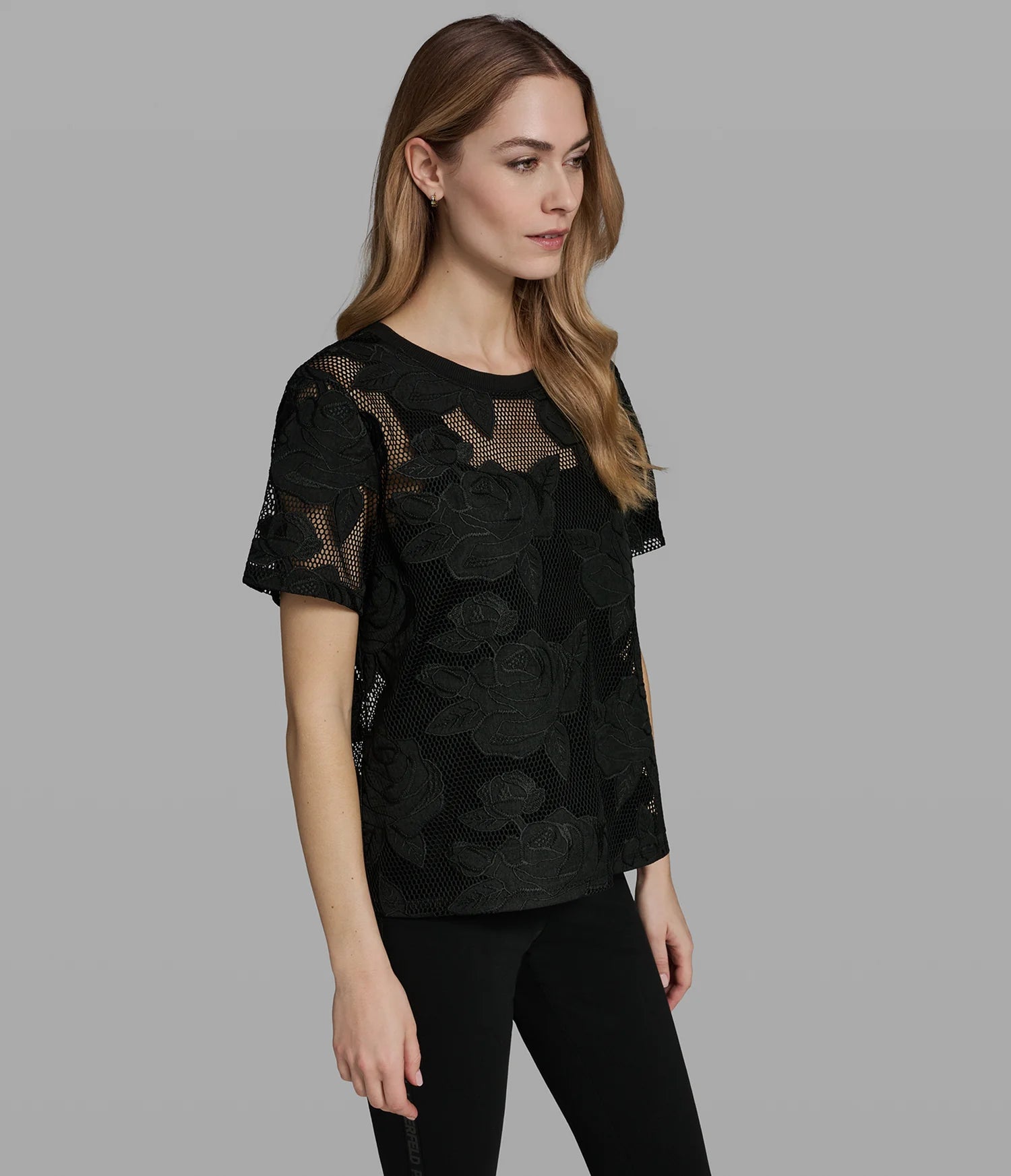 KARL LAGERFELD WOMEN'S FLORAL MESH TOP-Black