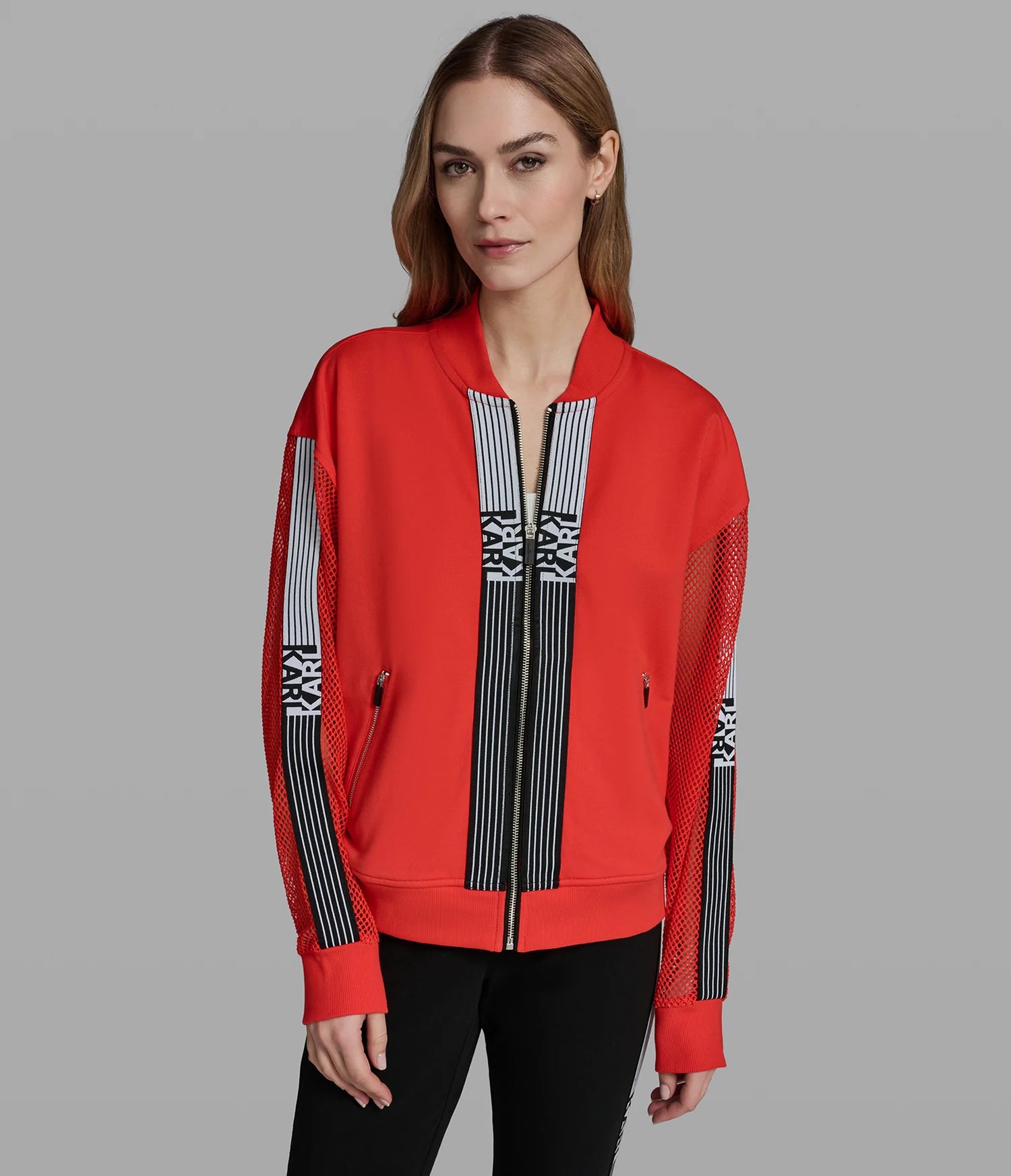KARL LAGERFELD WOMEN'S LOGO STRIPE MESH TRACK JACKET-Red