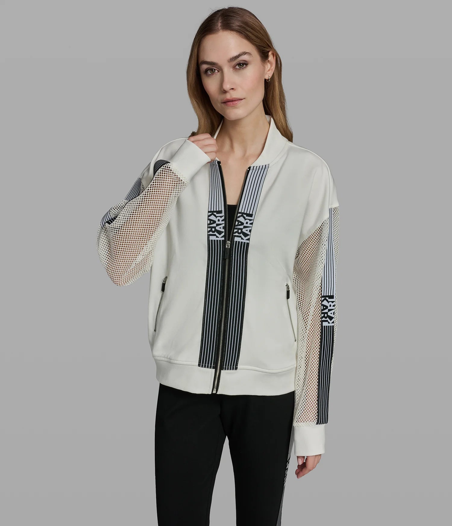 KARL LAGERFELD WOMEN'S LOGO STRIPE MESH TRACK JACKET-White