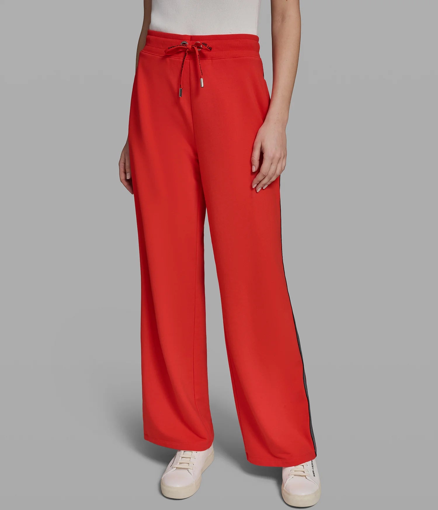 KARL LAGERFELD WOMEN'S LOGO STRIPE WIDE LEG PANT-Red