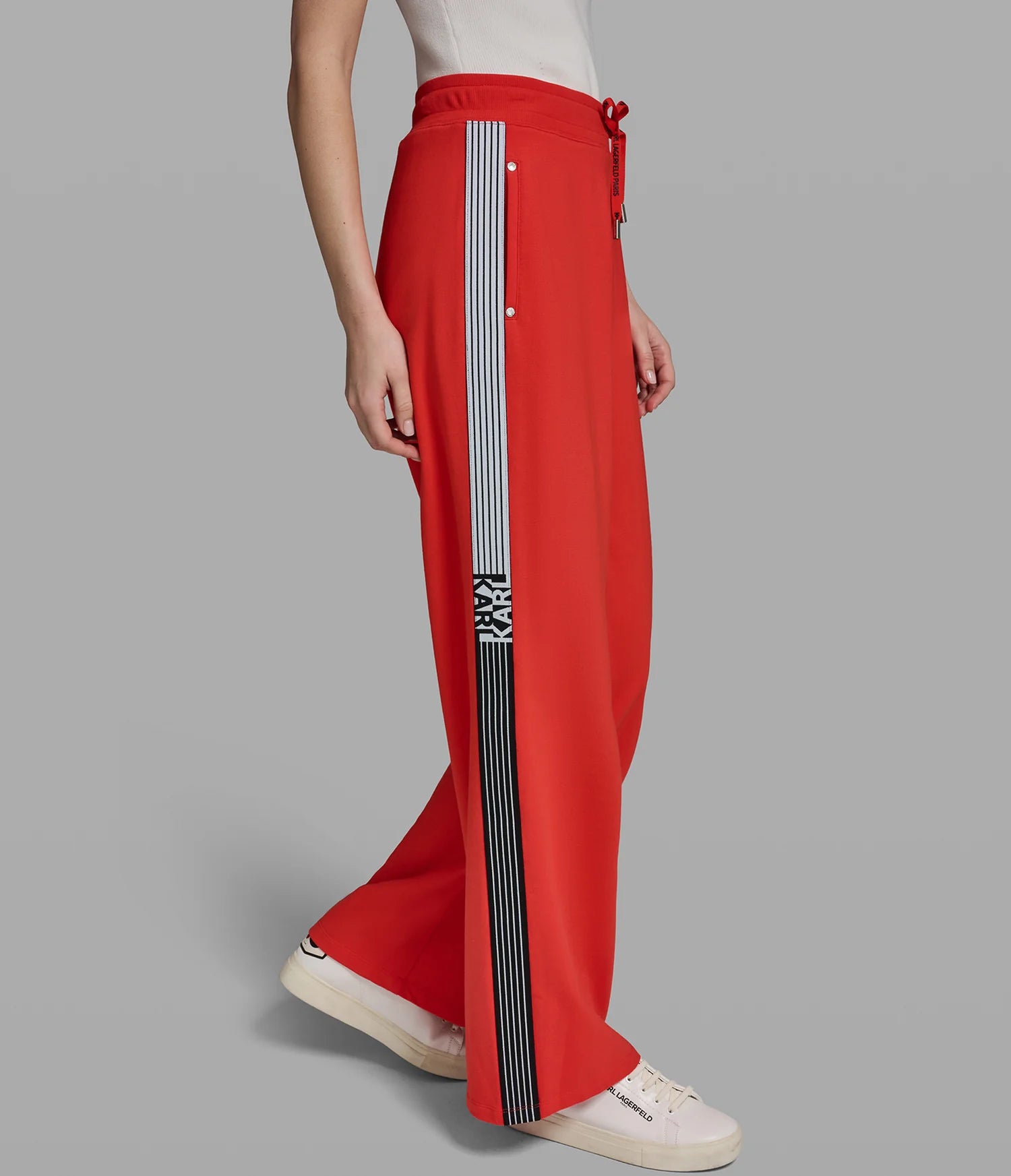KARL LAGERFELD WOMEN'S LOGO STRIPE WIDE LEG PANT-Red