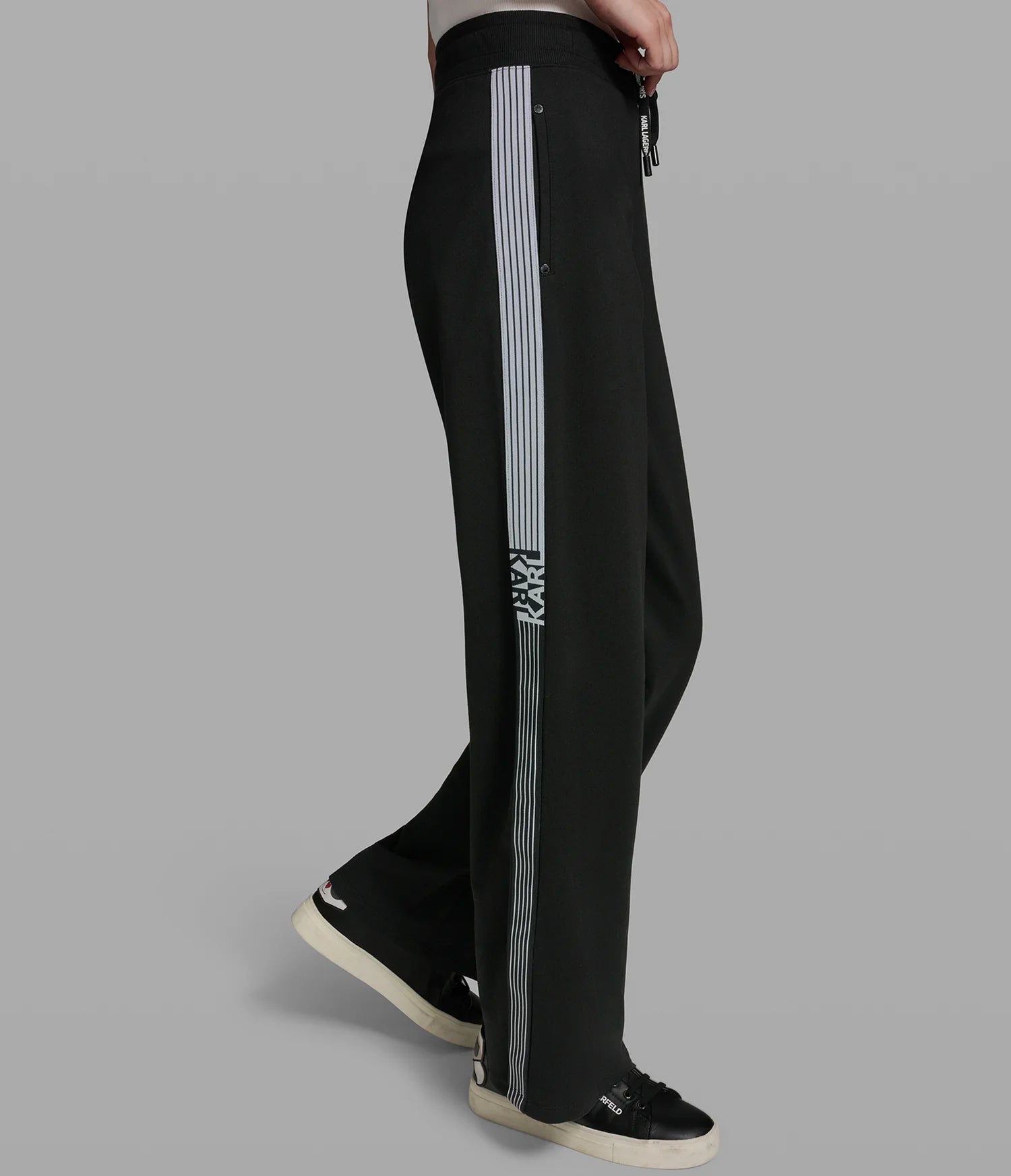 KARL LAGERFELD WOMEN'S LOGO STRIPE WIDE LEG PANT-Black
