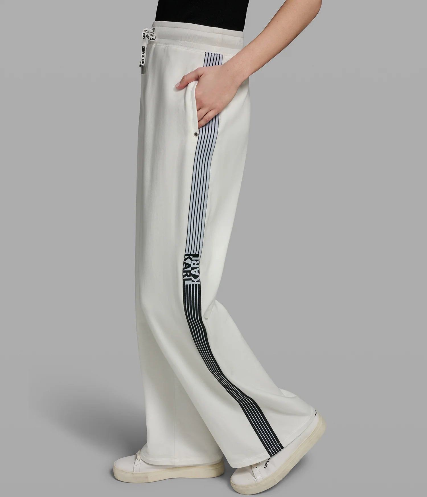 KARL LAGERFELD WOMEN'S LOGO STRIPE WIDE LEG PANT-White