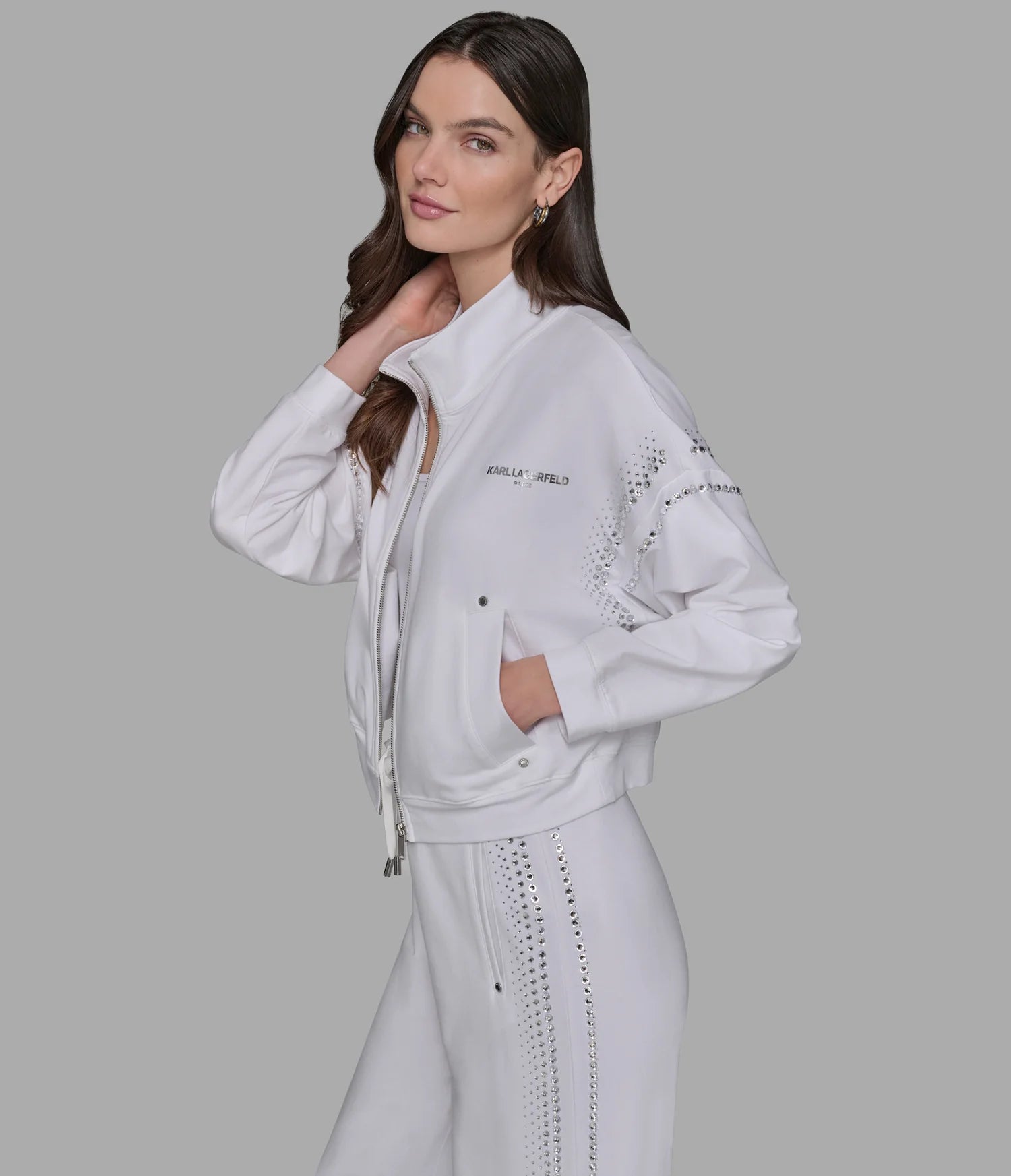 Karl Womens' RHINESTONE TRIM TRACK JACKET / white