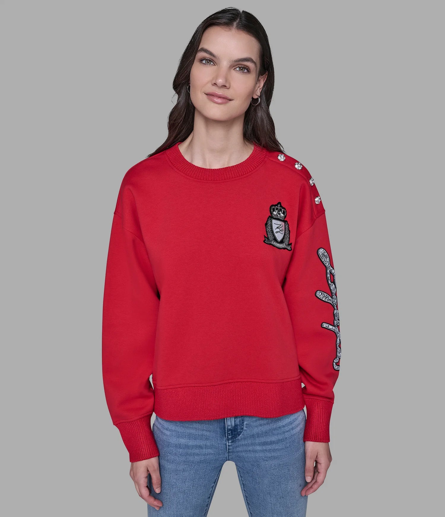 Karl Lagerfeld Paris Womens' PATCH SWEATSHIRT WITH BUTTONS