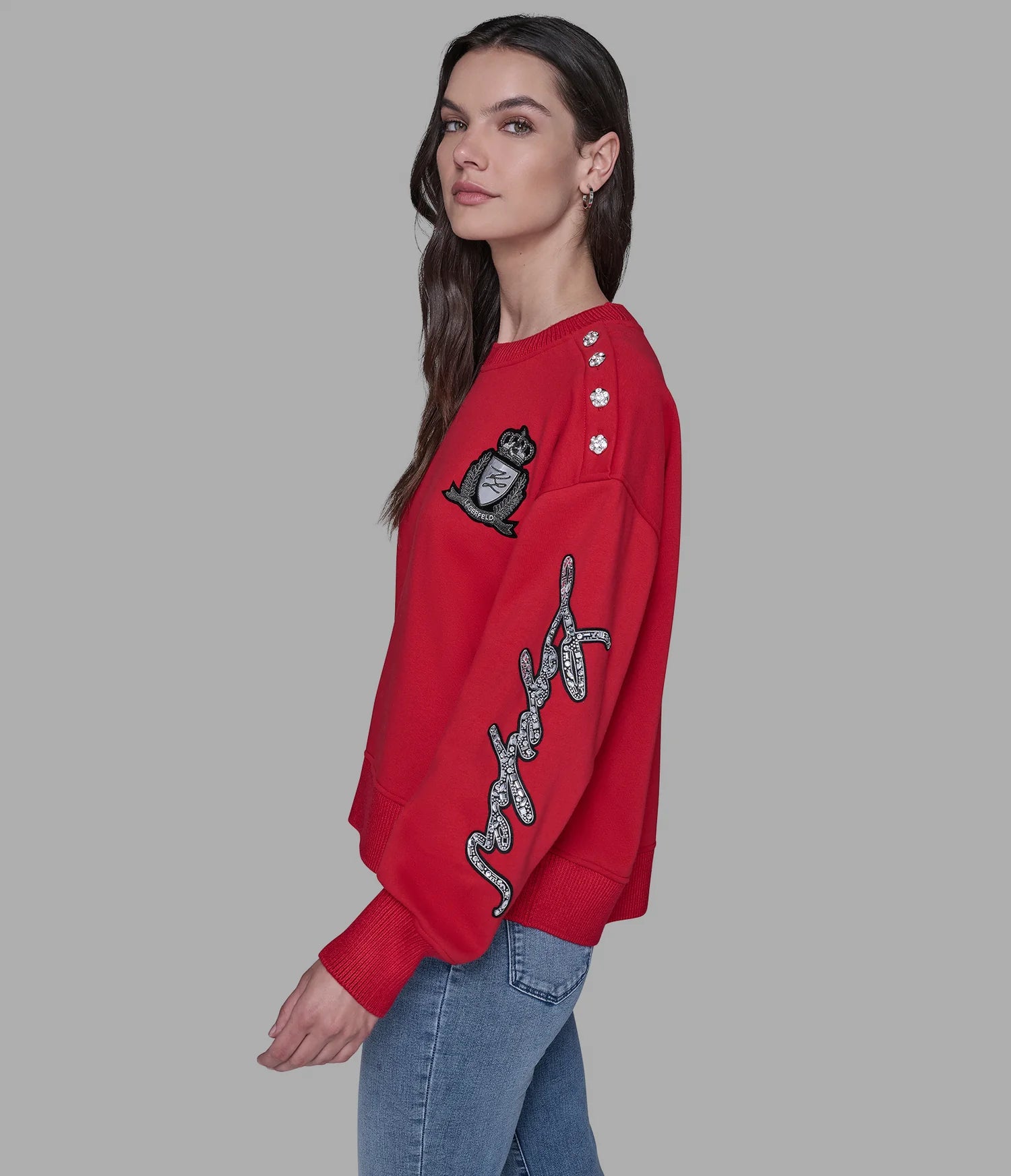 Karl Lagerfeld Paris Womens' PATCH SWEATSHIRT WITH BUTTONS