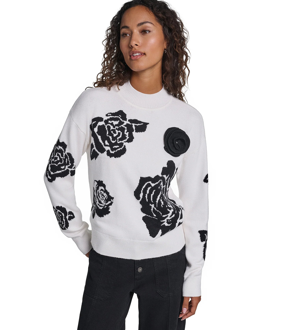 Karl Lagerfeld 3D ROSE MOCK NECK SWEATER- White