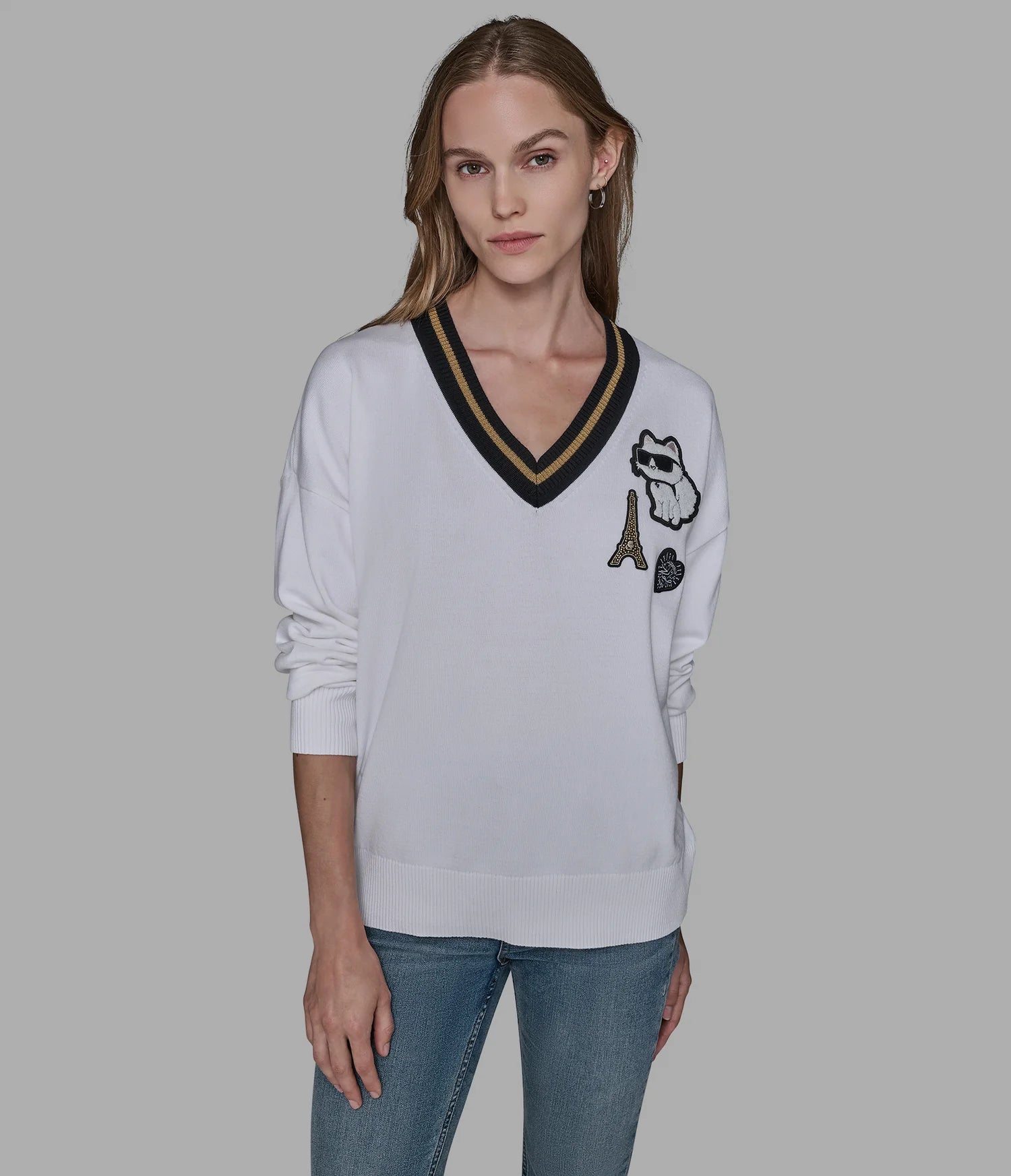 Karl Lagerfeld Paris Women's VARSITY SWEATER WITH PATCHES white