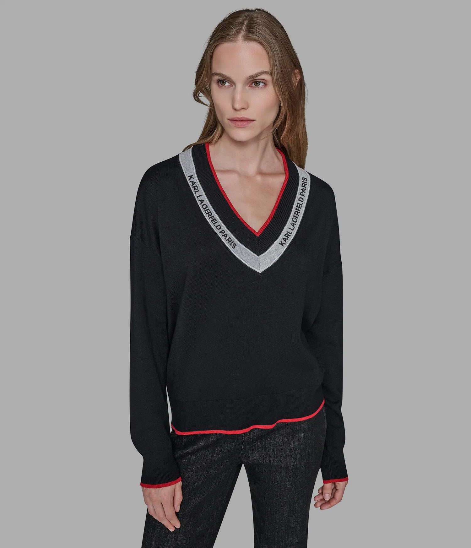 Karl Lagerfeld Paris Women's V-NECK LOGO TAPE SWEATER black