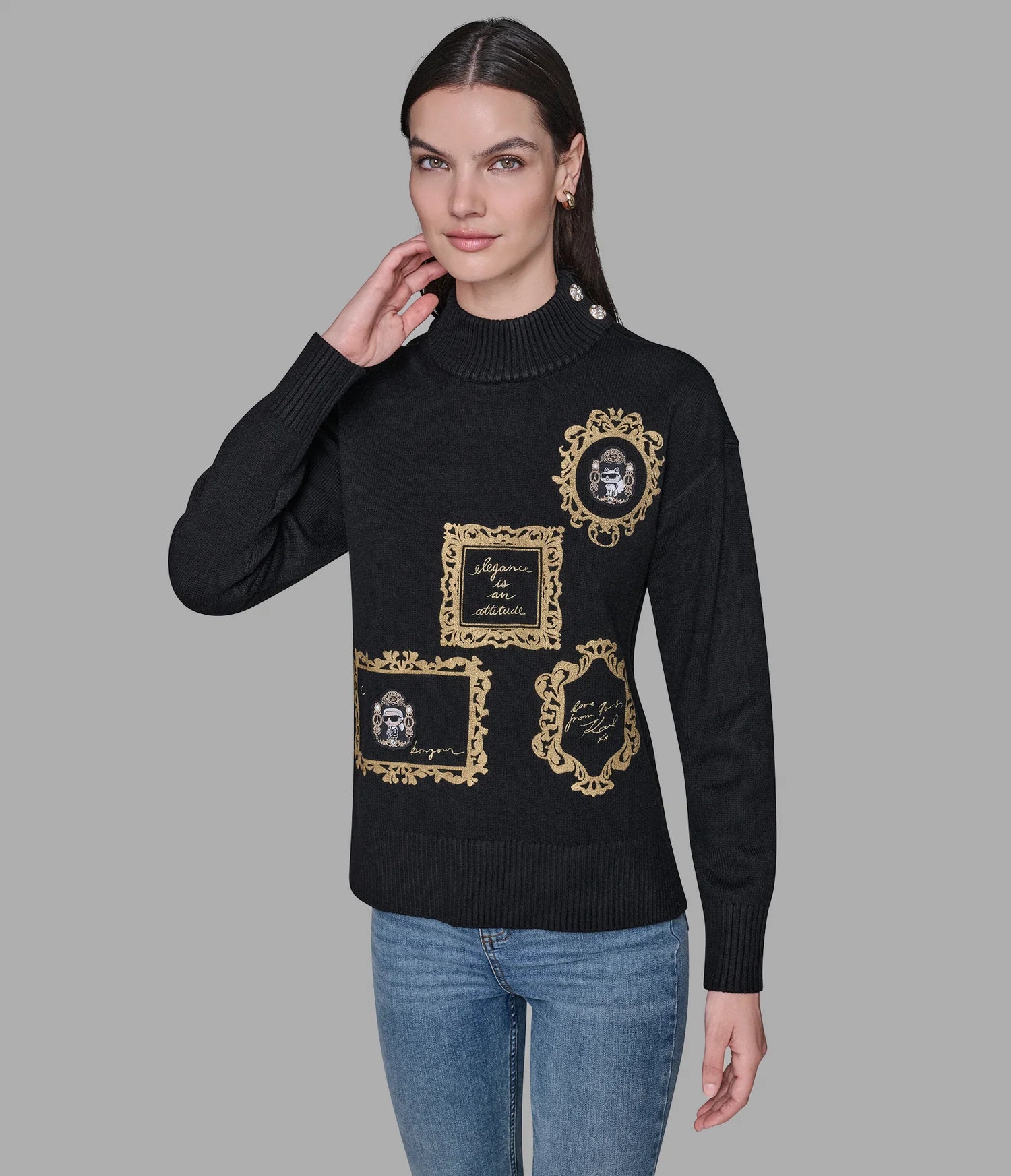 Karl Lagerfeld Paris Women's KARL AND CHOUPETTE FRAME SWEATER Black