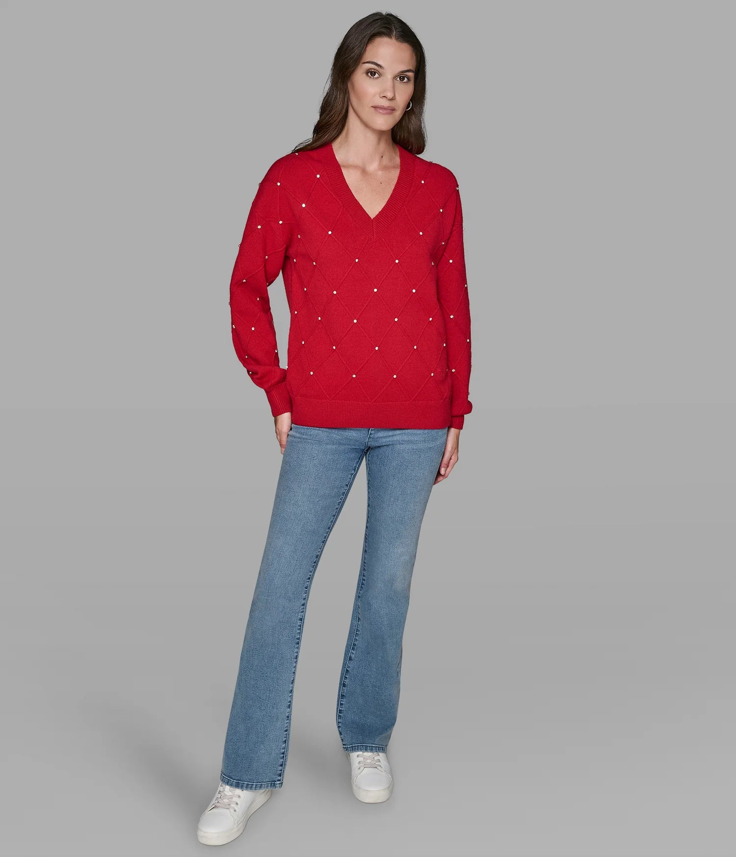 Karl Lagerfeld Paris Women's PEARL V-NECK SWEATER Red