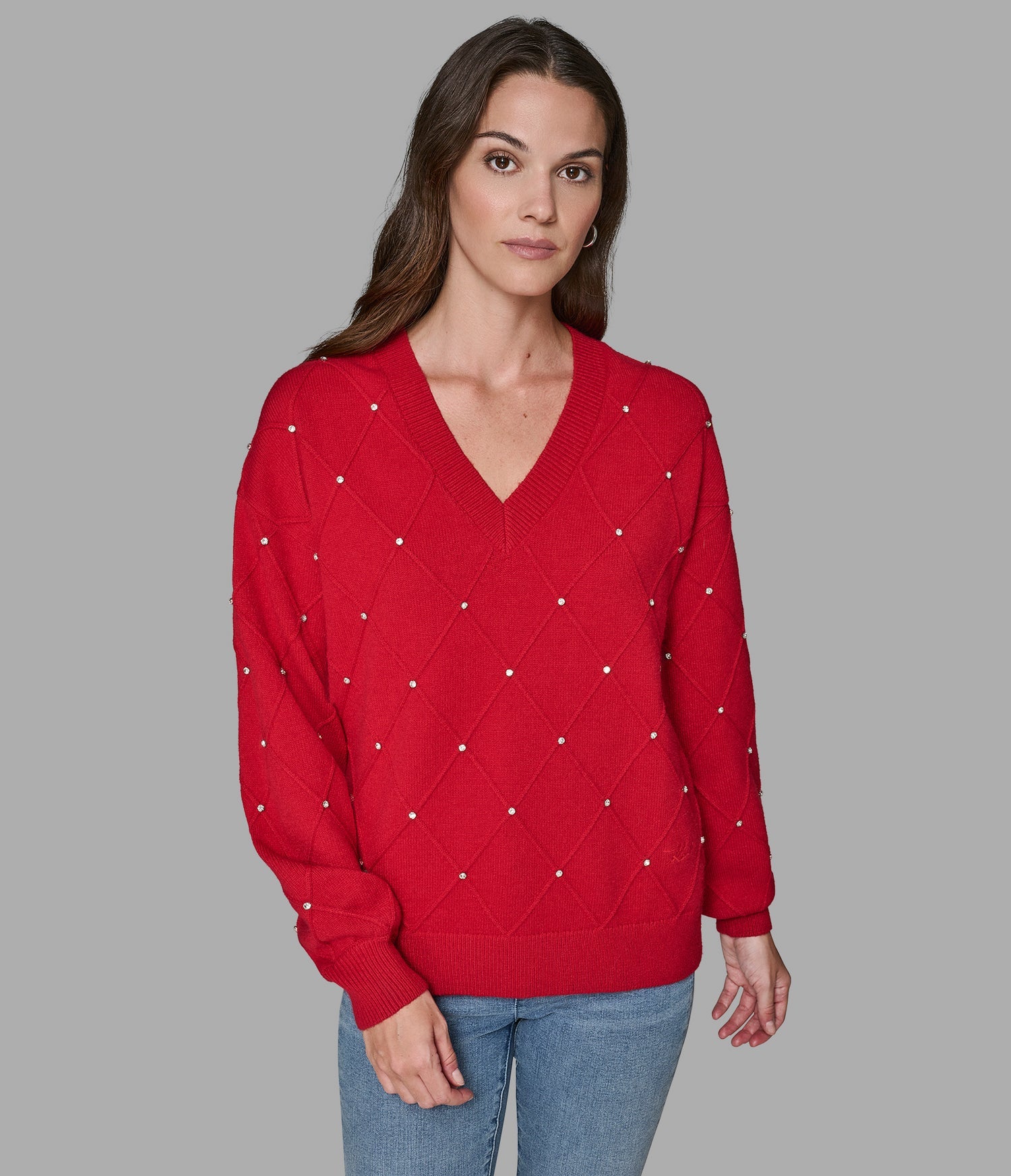 Karl Lagerfeld Paris Women's PEARL V-NECK SWEATER Red