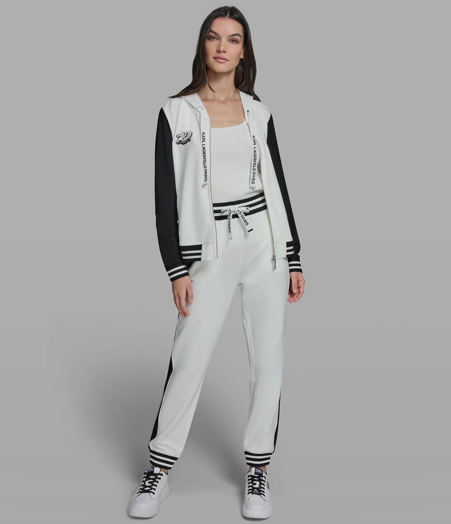 COTTON AND MODAL-BLEND COLOR-BLOCK PATCH VARSITY HOODED JACKET-Soft White