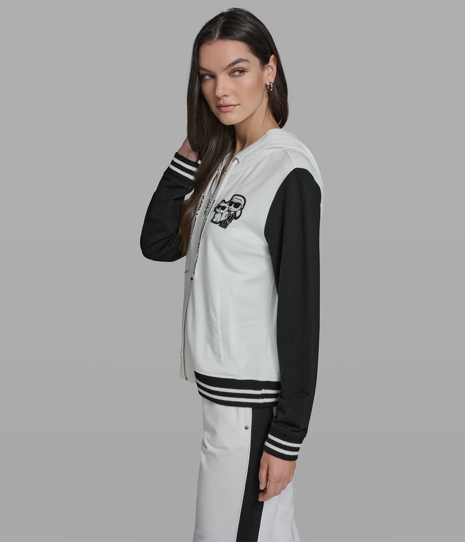 COTTON AND MODAL-BLEND COLOR-BLOCK PATCH VARSITY HOODED JACKET-Soft White