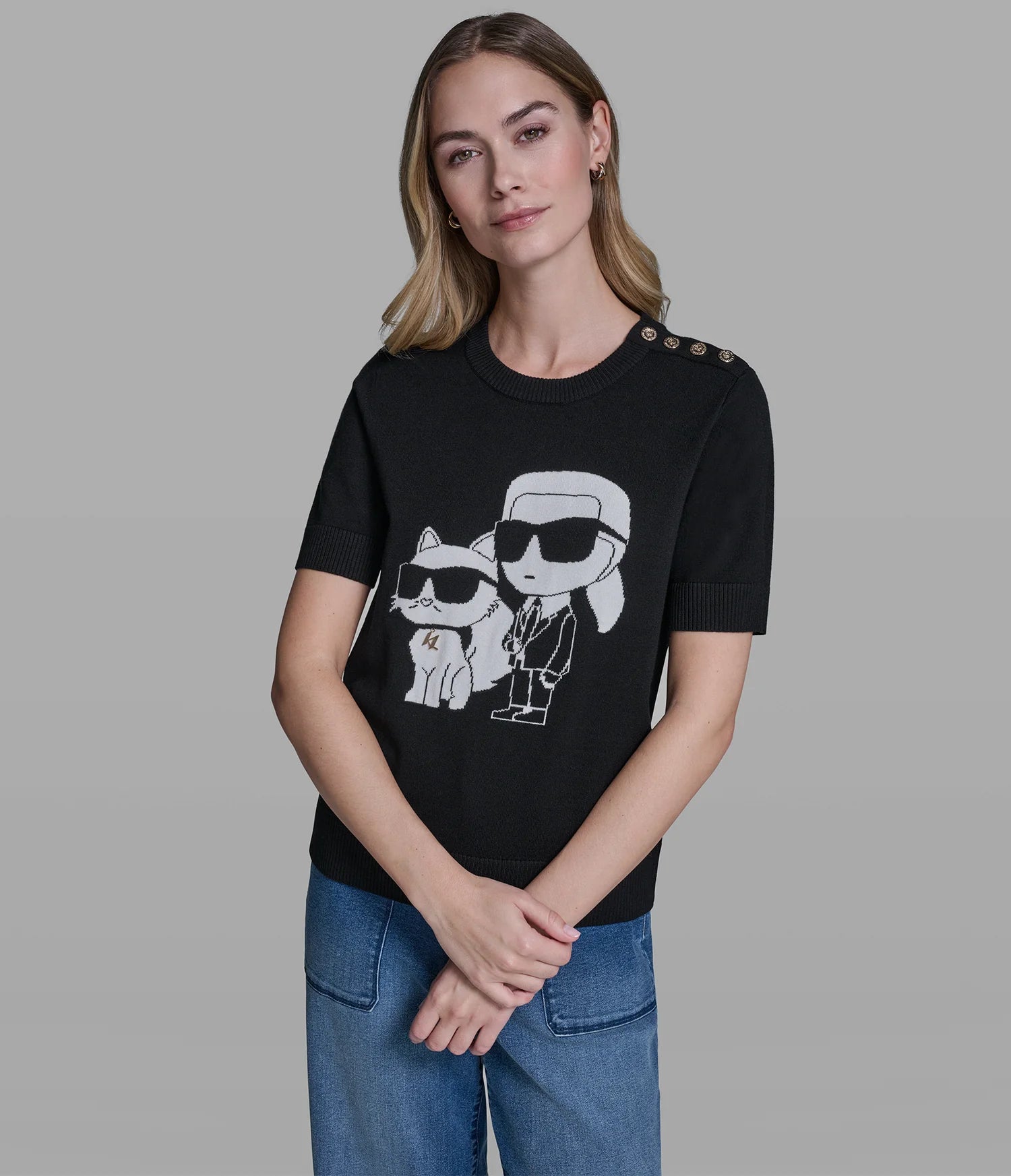 KARL LAGERFELD WOMEN'S ET CHOUPETTE JACQUARD SWEATER-Black