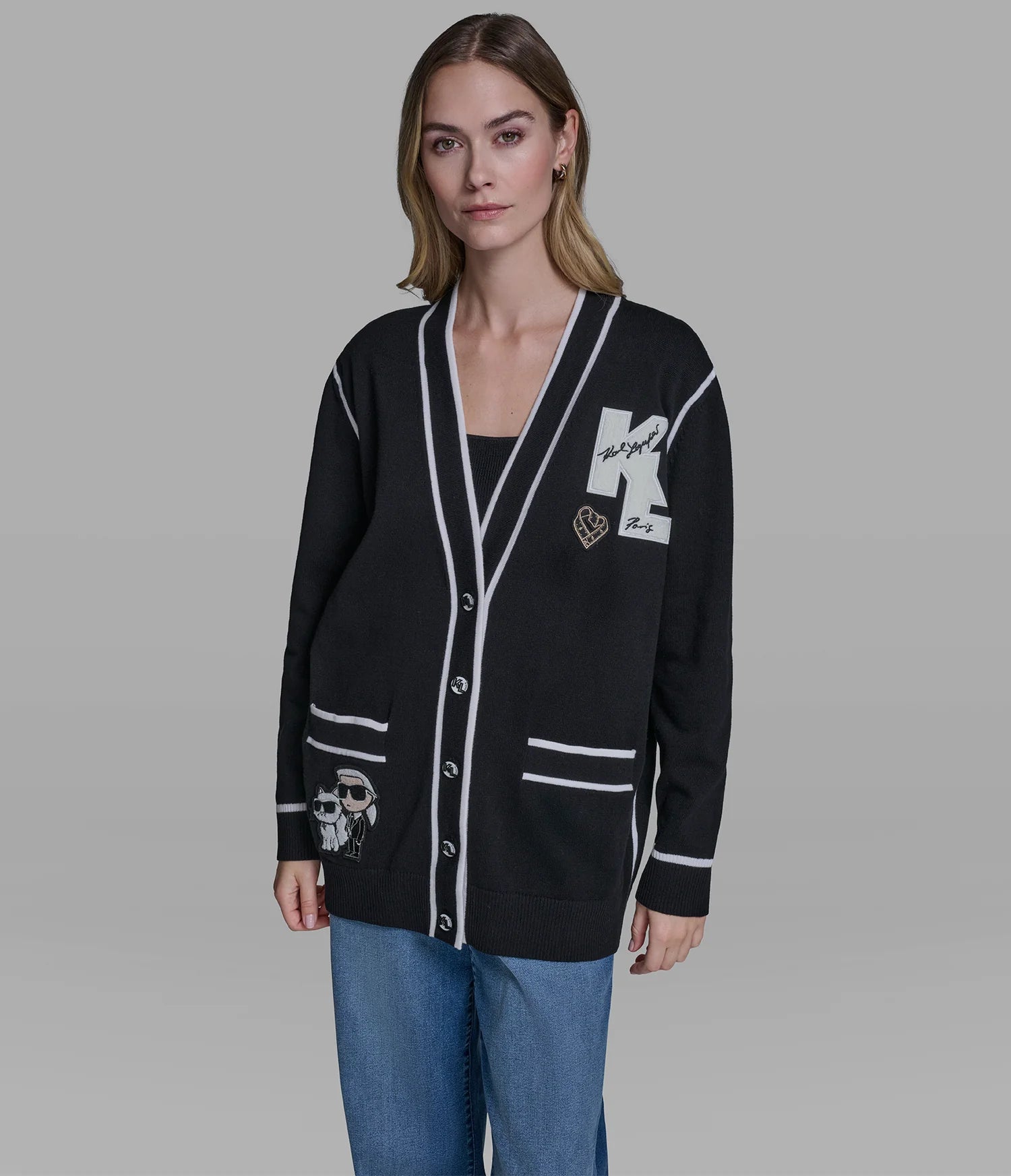 KARL LAGERFELD WOMEN'S LONG SLEEVE VARSITY PATCH CARDIGAN-Black