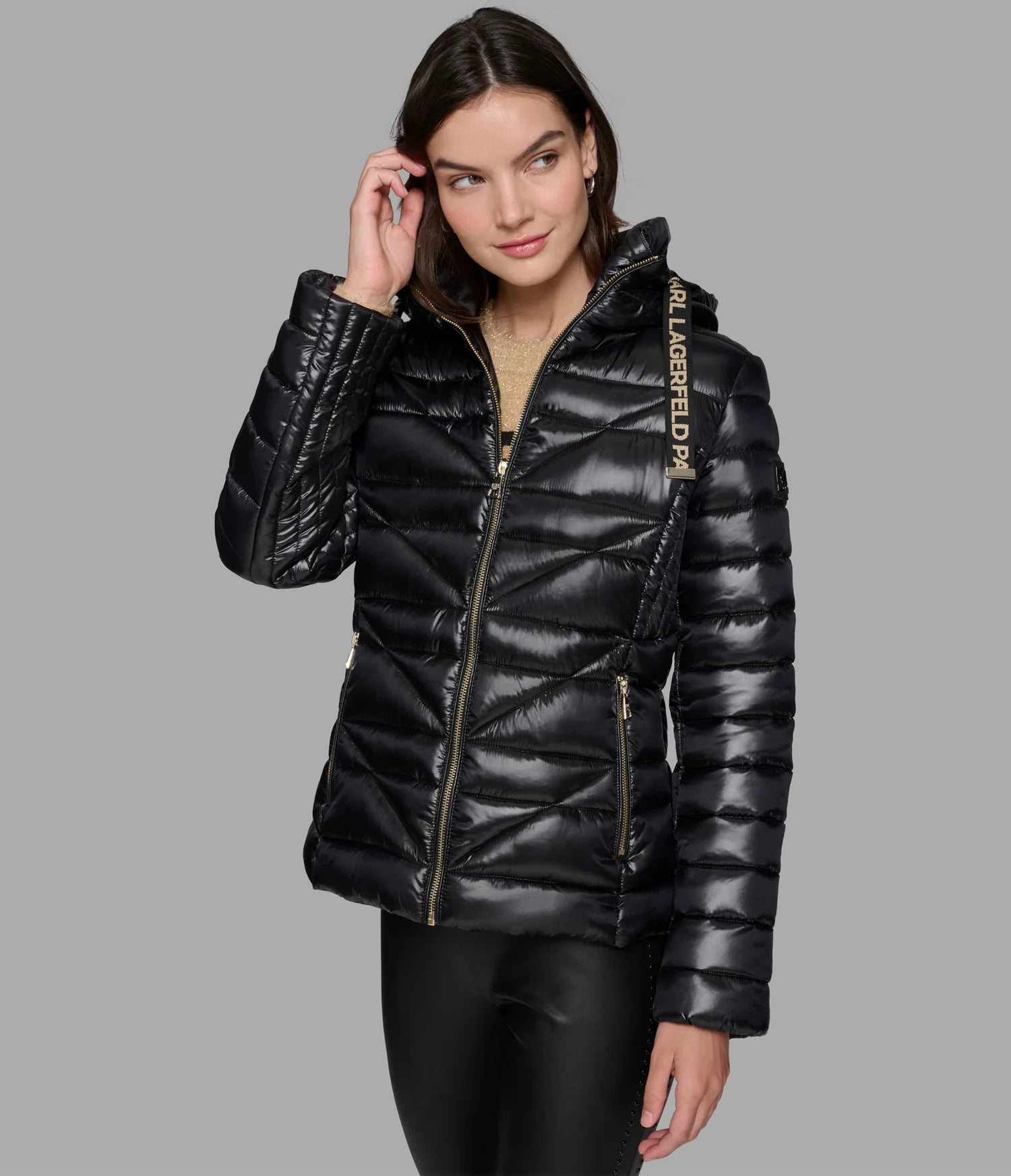 Karl Lagerfeld Paris Women's SHORT PUFFER JACKET WITH LOGO black