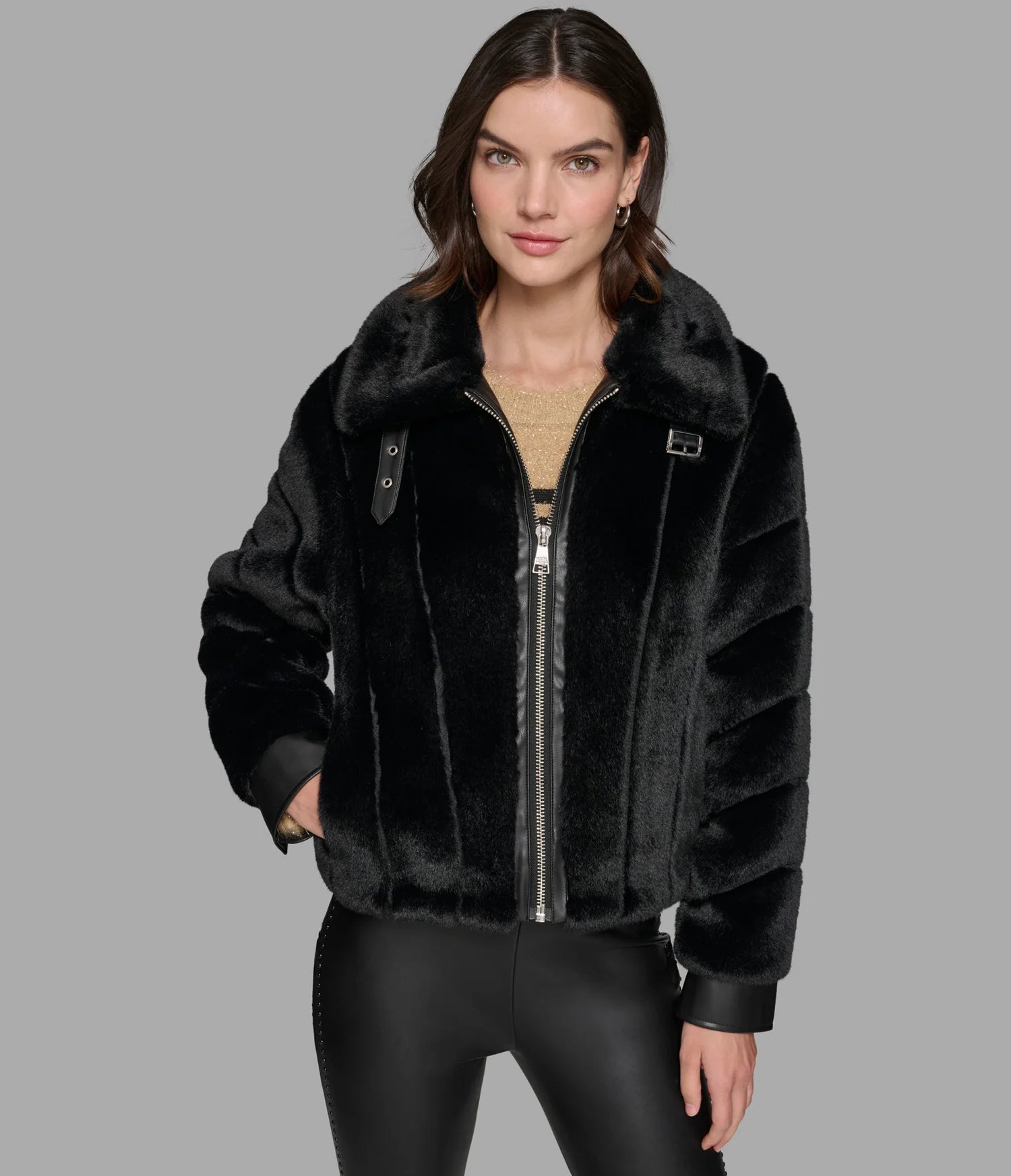 Karl Lagerfeld Paris Women's CHANNEL FAUX MINK AND PU BOMBER Black