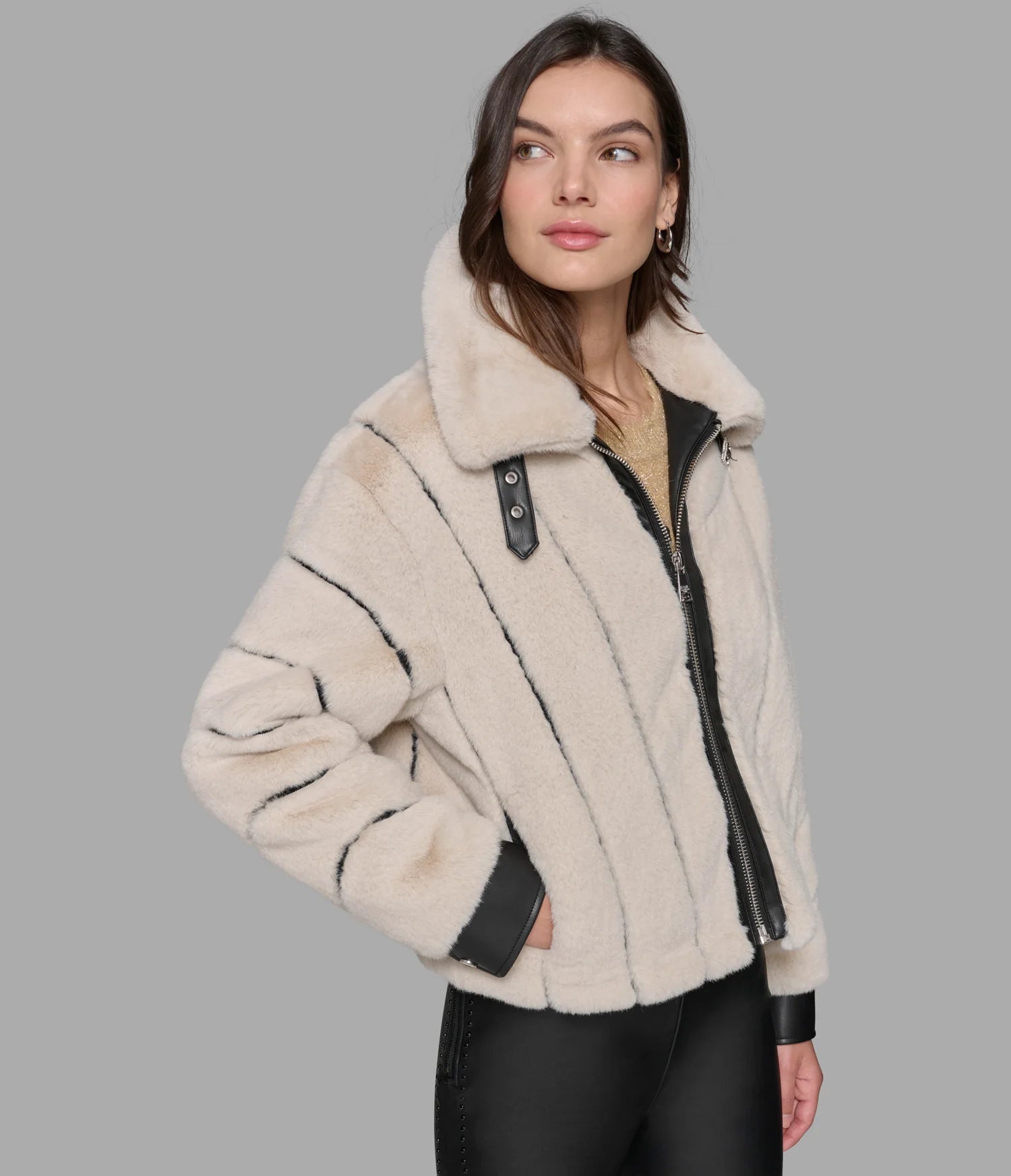 Karl Lagerfeld Paris Women's CHANNEL FAUX MINK AND PU BOMBER
