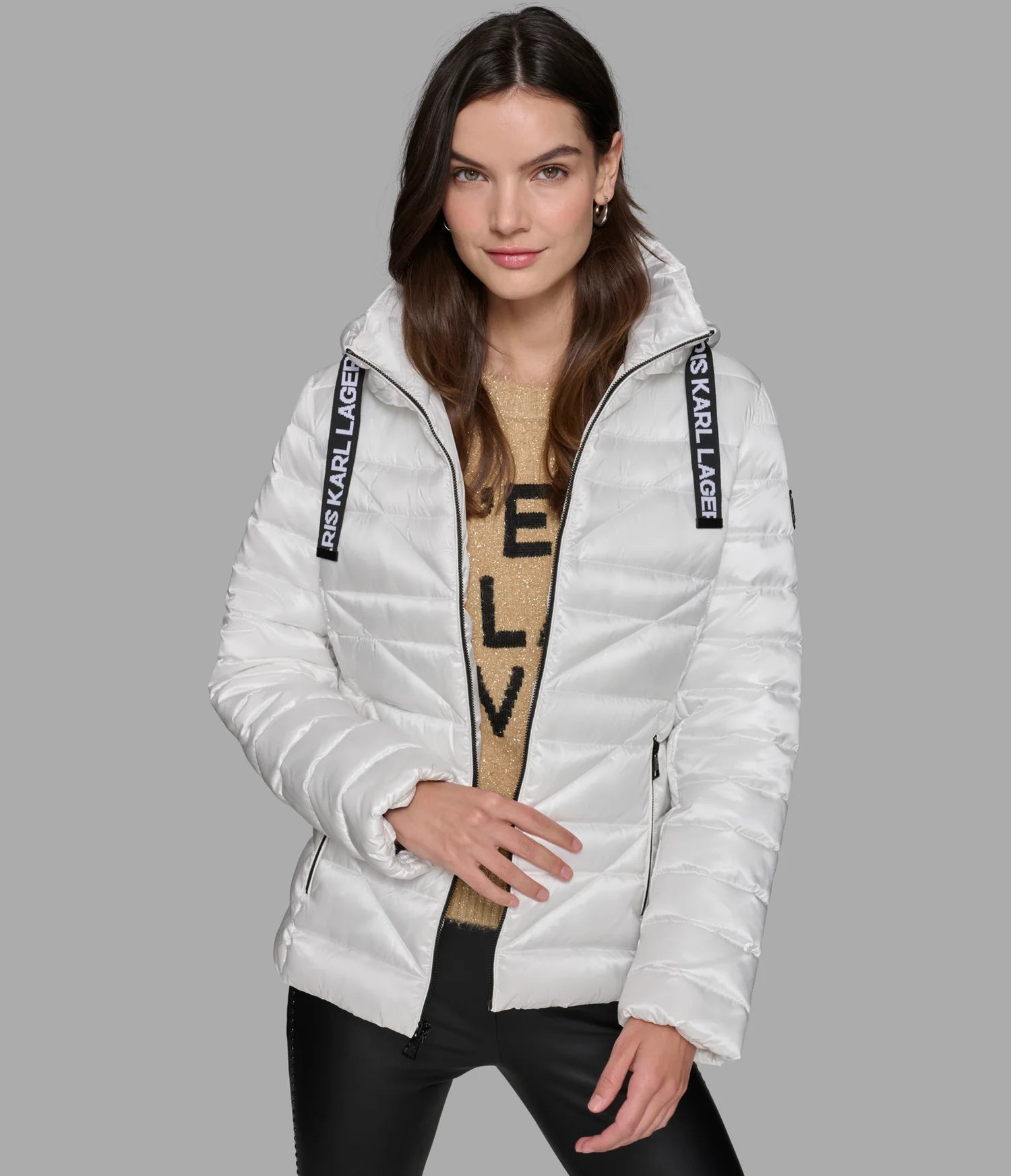 Karl Lagerfeld Paris Women's SHORT PUFFER JACKET WITH LOGO White
