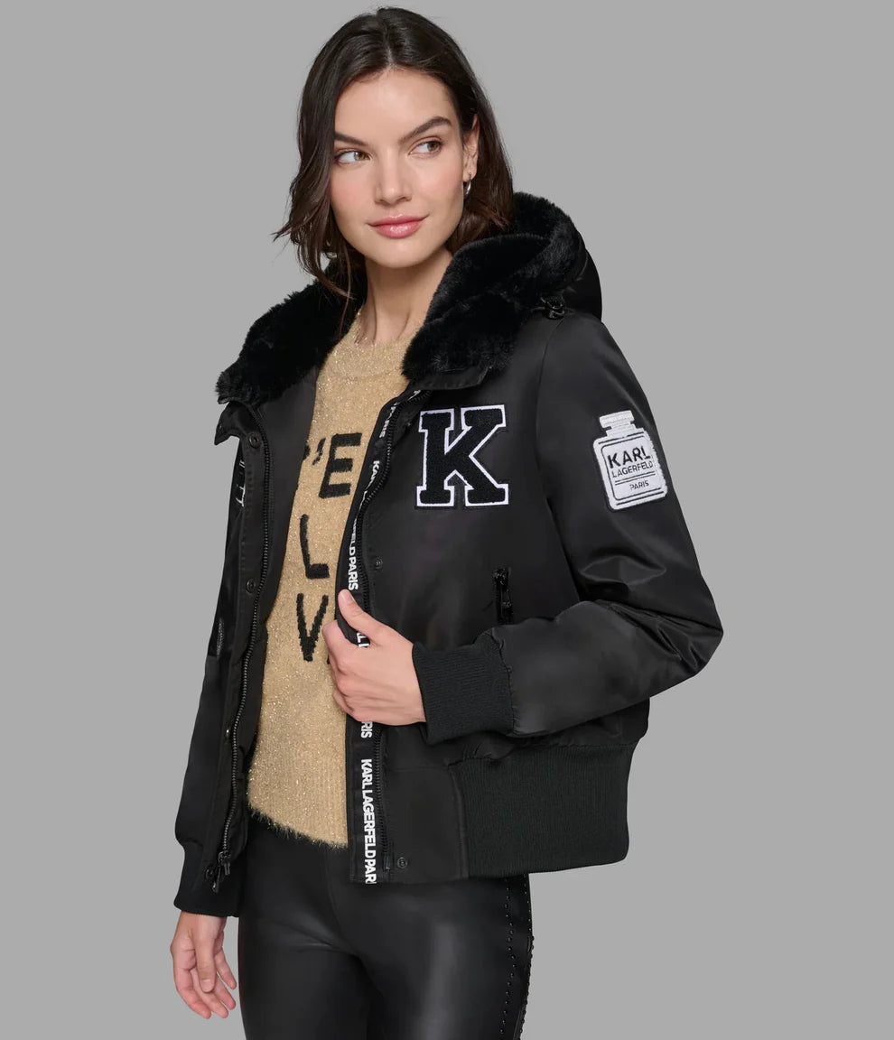 Womens' Karl Lagerfeld Paris PATCH FUR HOOD BOMBER JACKET