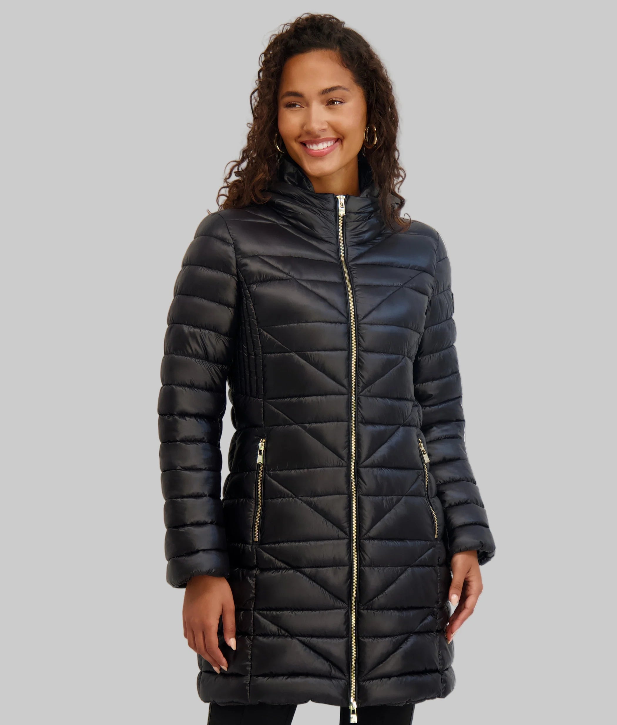 Karl Lagerfeld Paris Women's MID-LENGTH PUFFER WITH FAUX FUR TRIM
