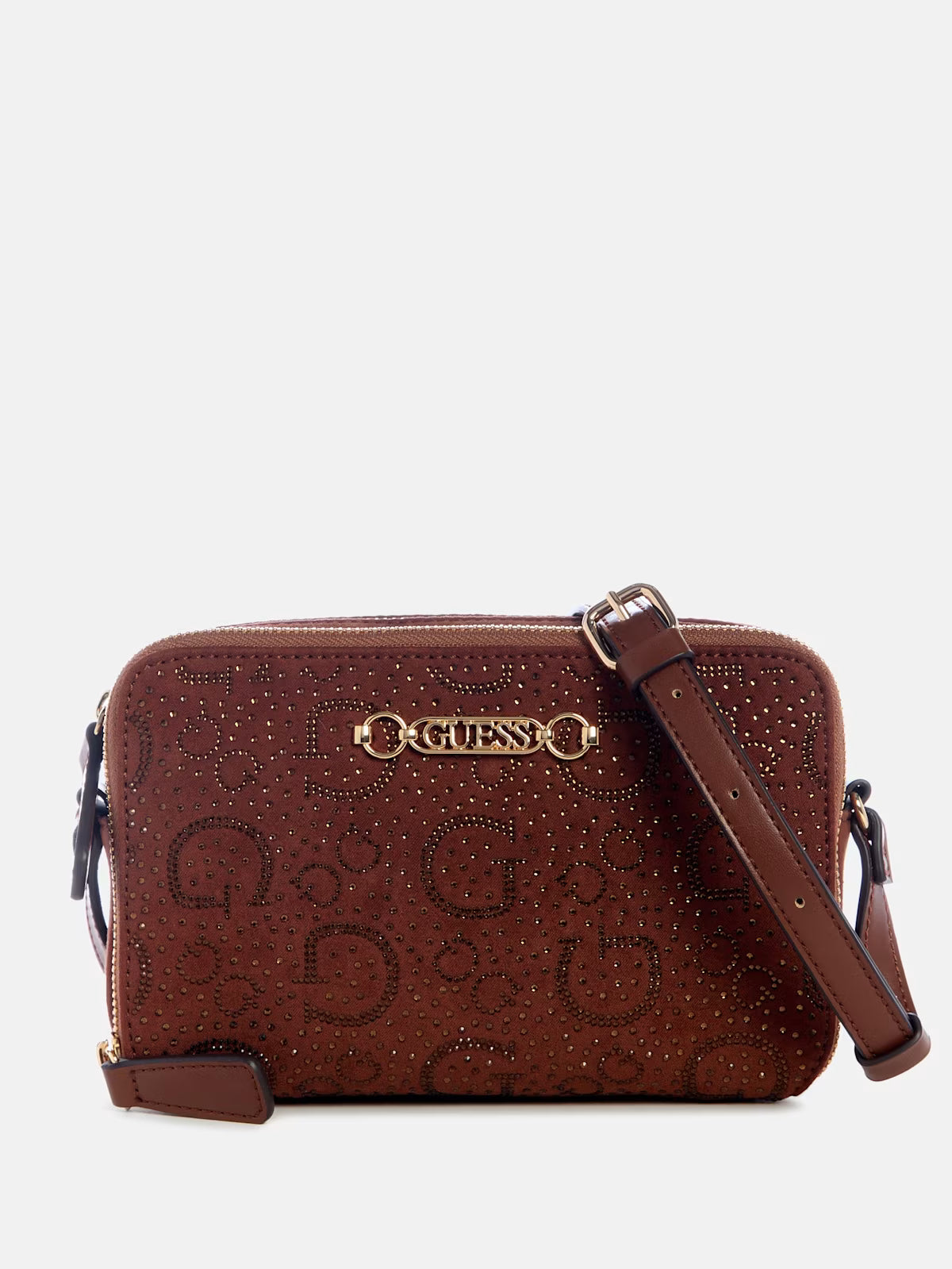 Women's Guess Avelina Avelina Rhinestone Logo Double-Zip Crossbody Brown