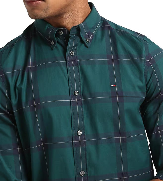 TOMMY HILFIGER MENS' Cypress Green Checks Slim Fit Shirt