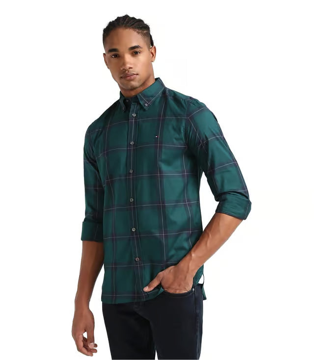 TOMMY HILFIGER MENS' Cypress Green Checks Slim Fit Shirt