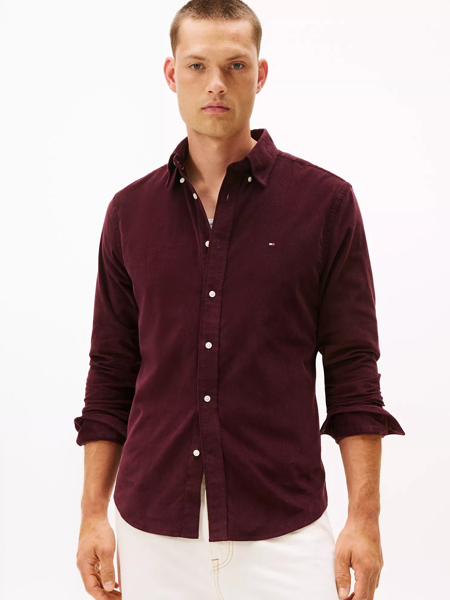 Tommy MENS' Regular Fit Corduroy Shirt Deep Burgundy