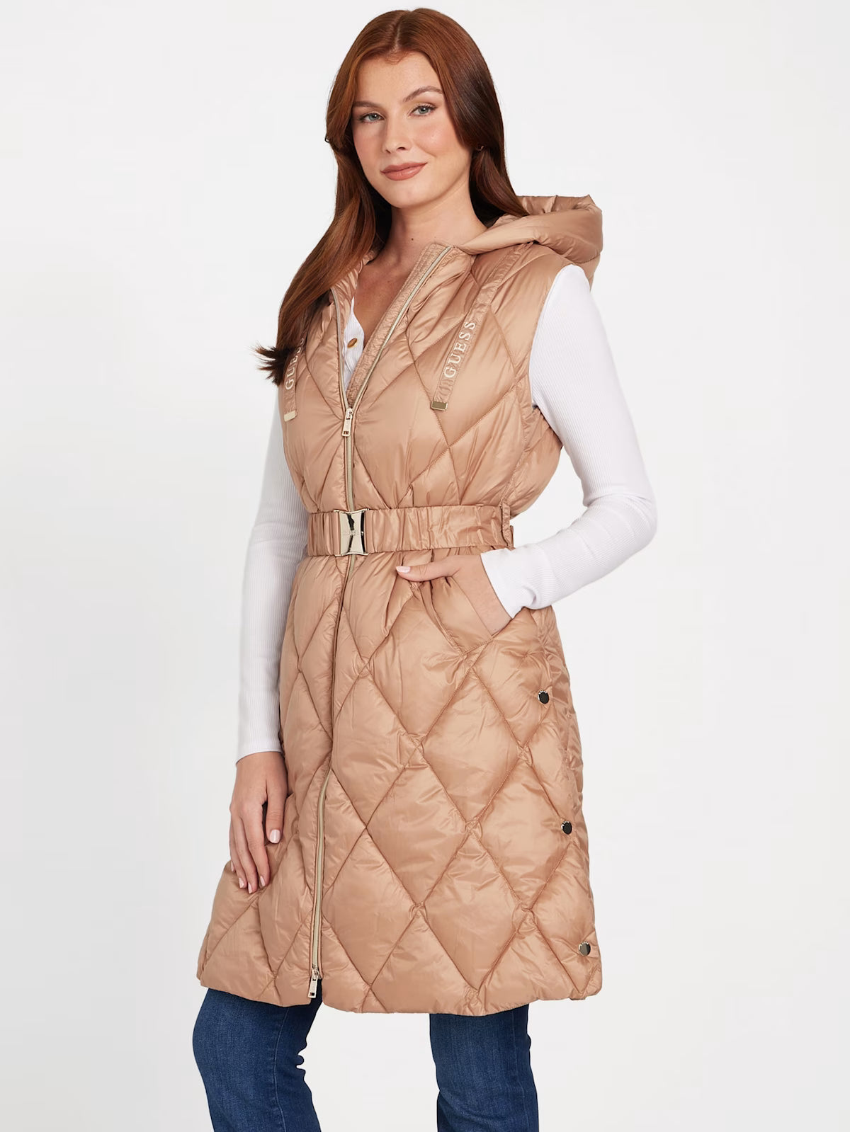 GUESS WOMENS' Melita Woven Quilted Vest Beige