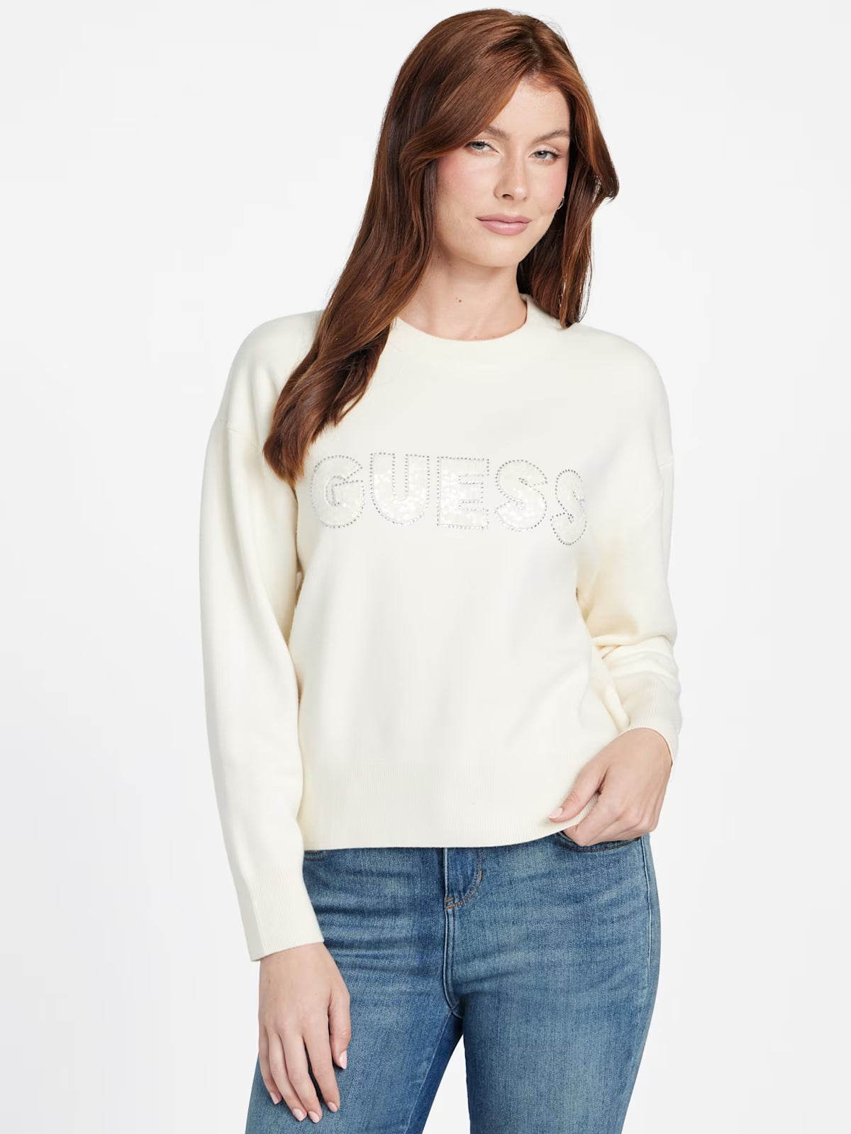 Guess WOMENS' Cute Logo Sweater White