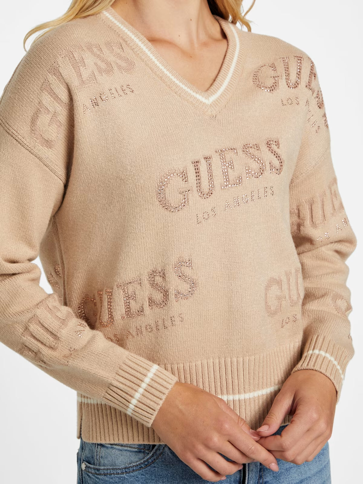 Guess Womens' Dateryn V-Neck Sweater BEIGE
