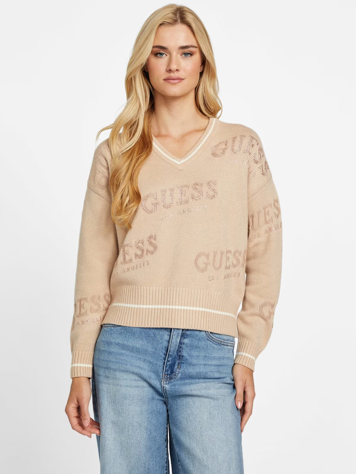 Guess Womens' Dateryn V-Neck Sweater BEIGE