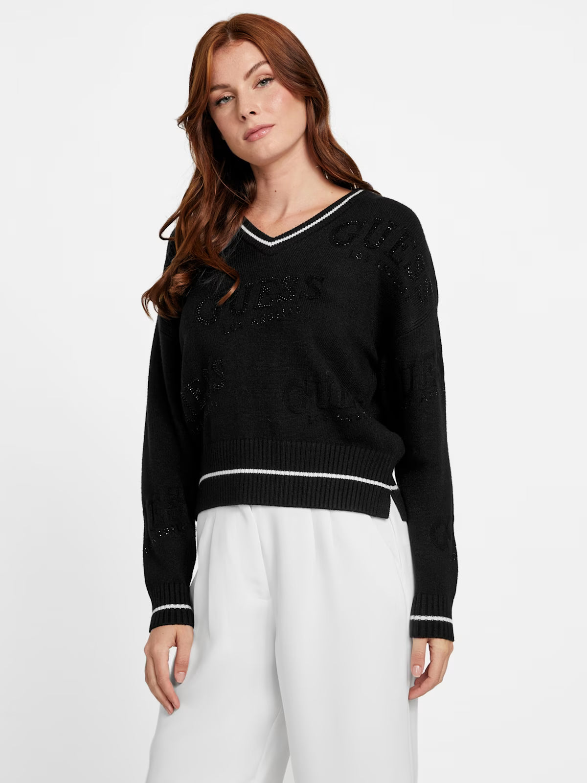 Guess Womens' Dateryn V-Neck Sweater BLACK