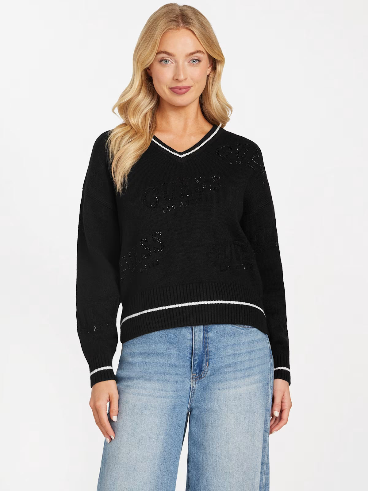 Guess Womens' Dateryn V-Neck Sweater BLACK