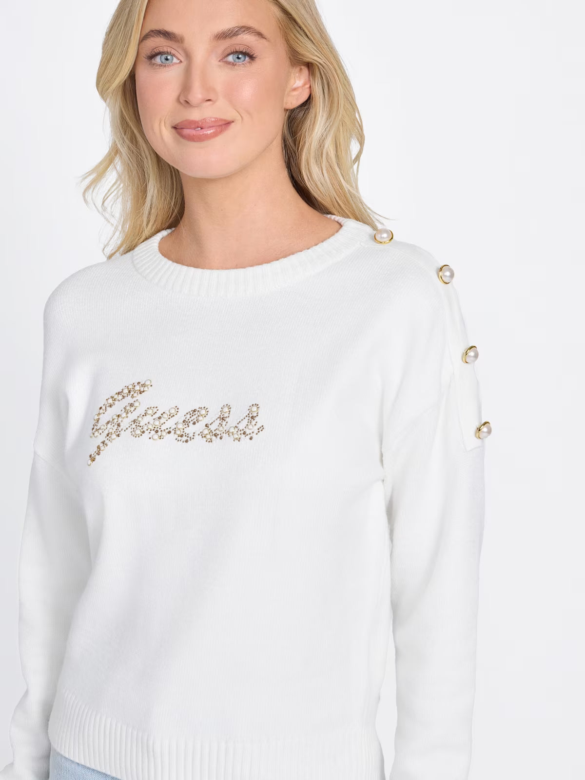Womens' GUESS Erin Beaded Logo Sweater White